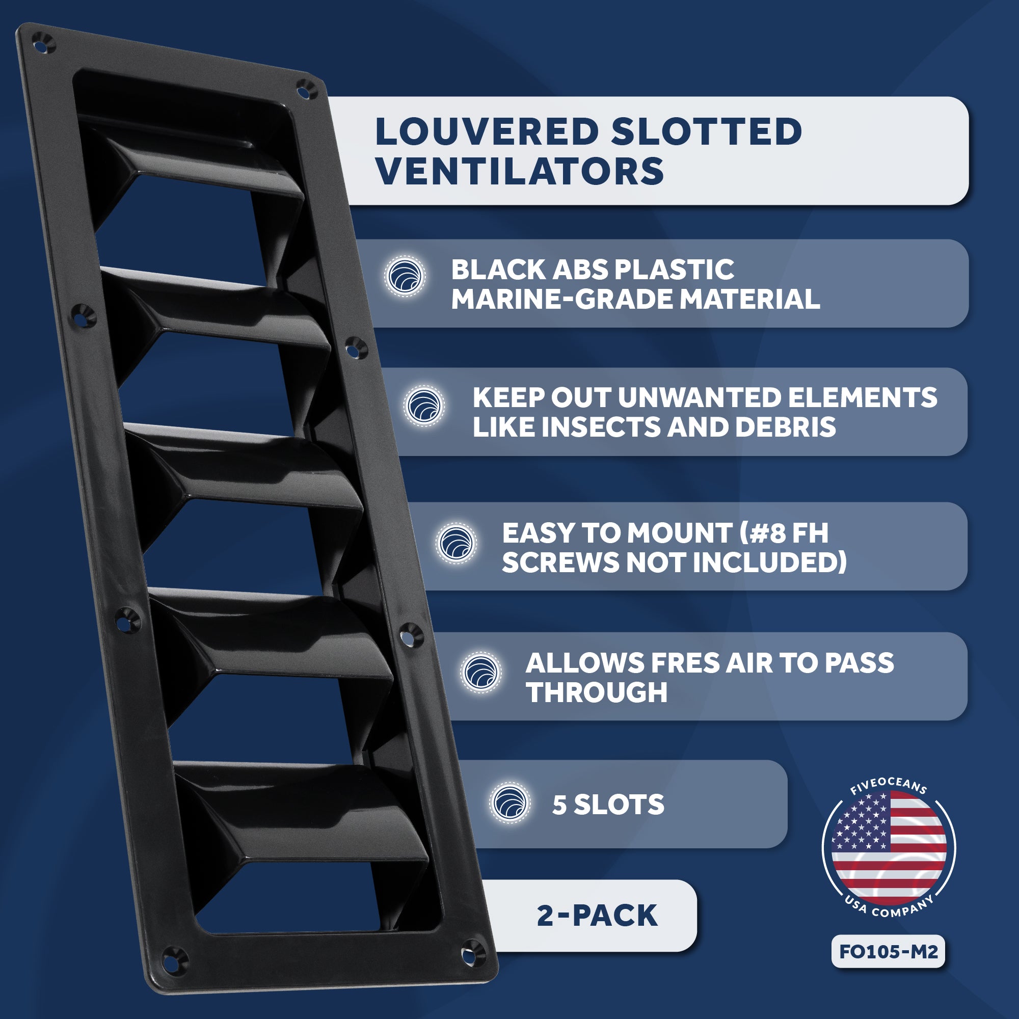 5-Slotted Louvered Ventilators, 13-1/4-Inch x 4-3/4-Inch, Black, 2-Pack - FO105-M2