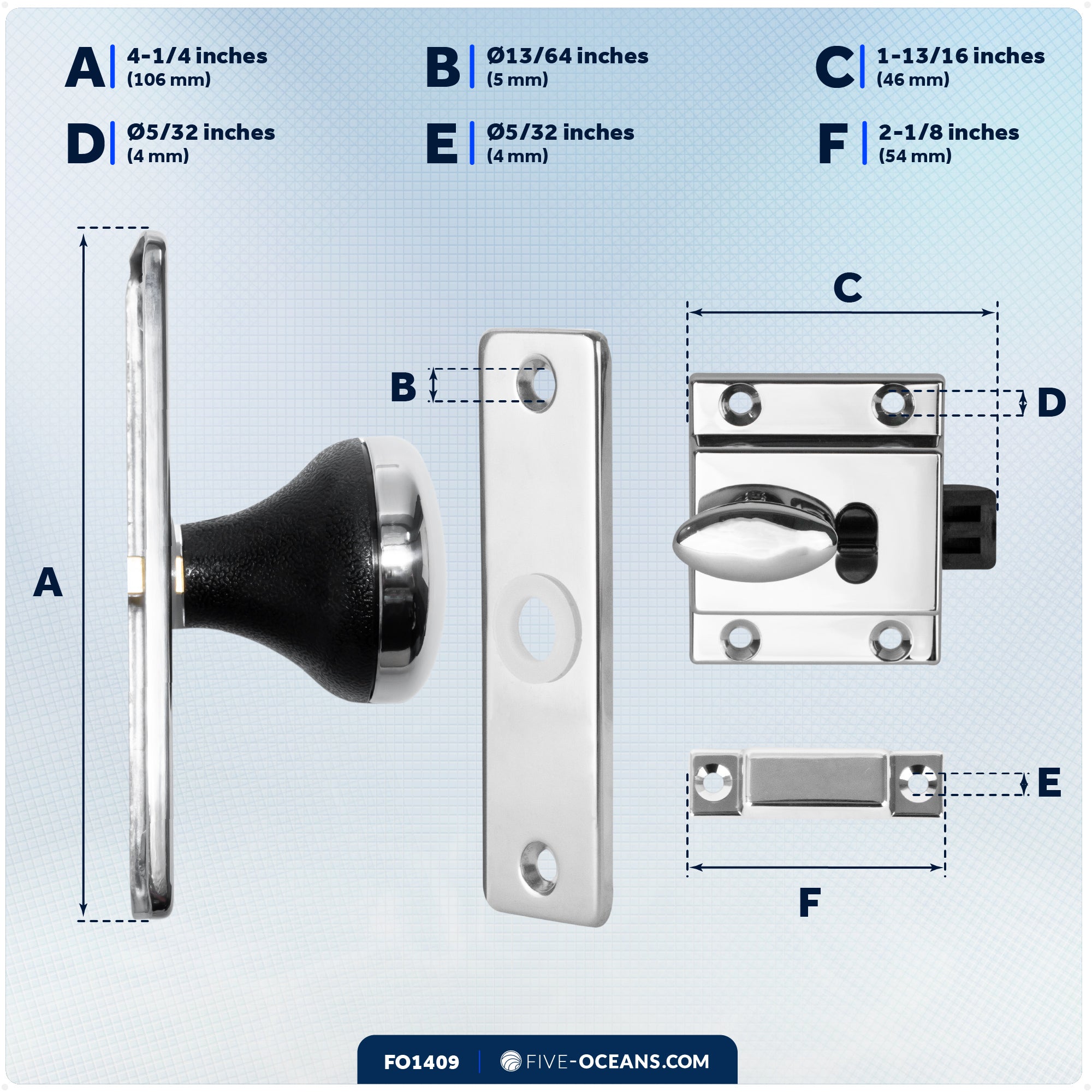 Boat Door Latch Lock, Surface Mount, Chrome Plated Finish - FO1409