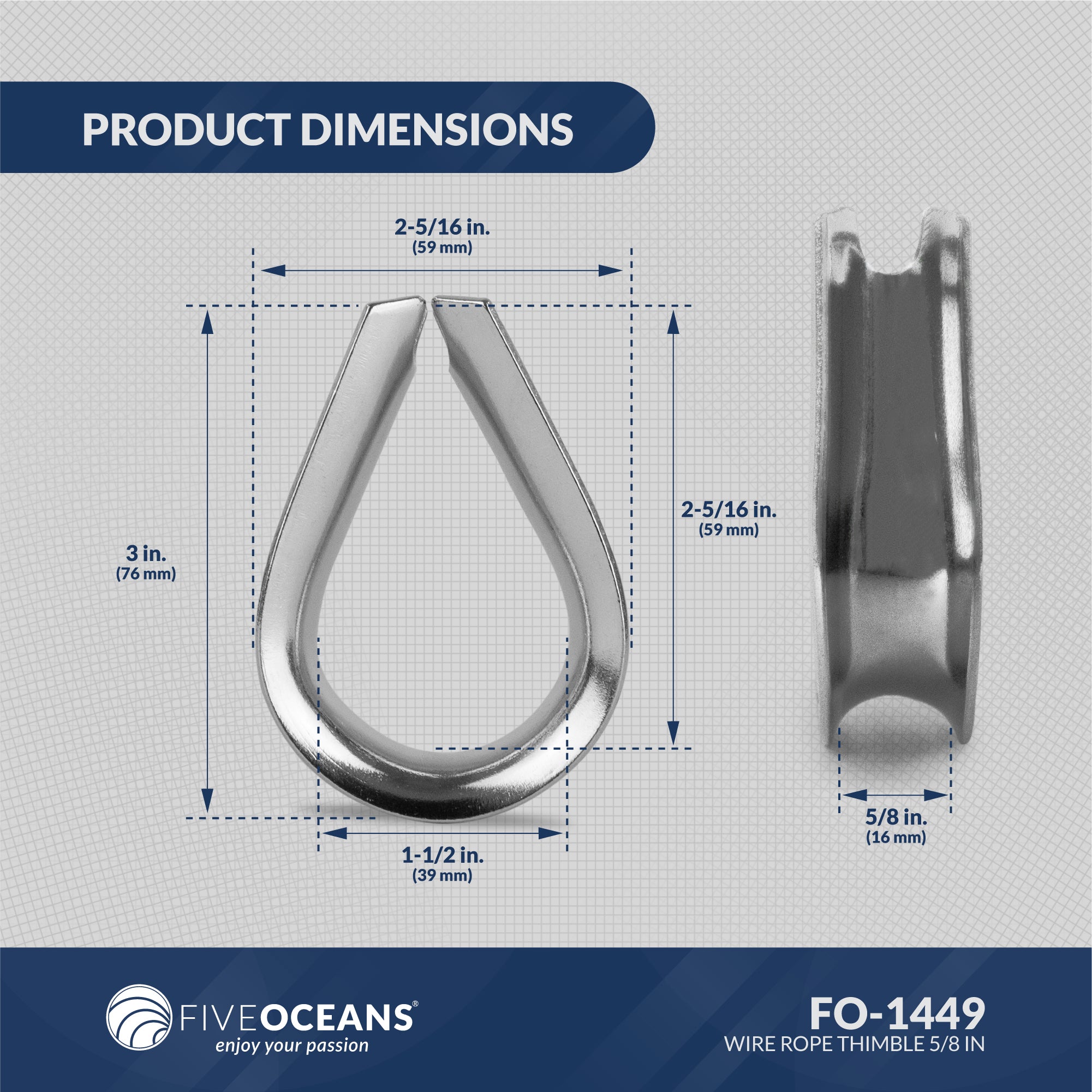 Five Oceans Wire Rope Thimble 5/8 inch Stainless Steel AISI316 FO-1449 - Five Oceans