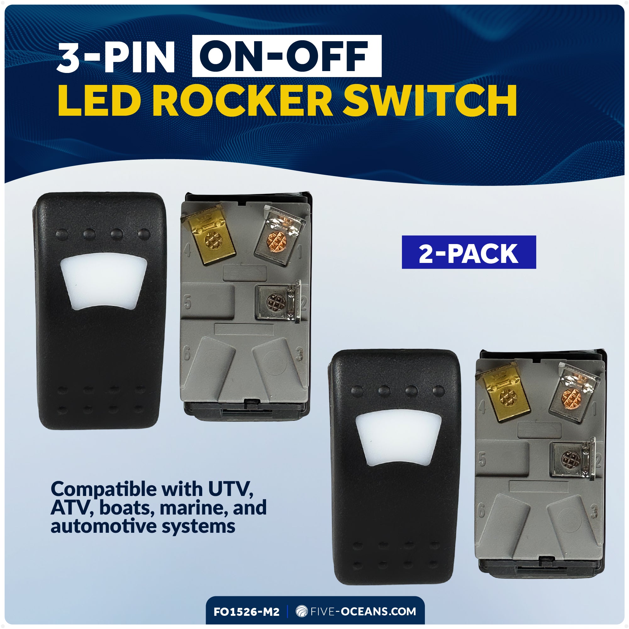 3-Pin On-Off LED Rocker Switch, SPST, 25A/12V DC - 15A/24V DC, 2-Pack - FO1526-M2
