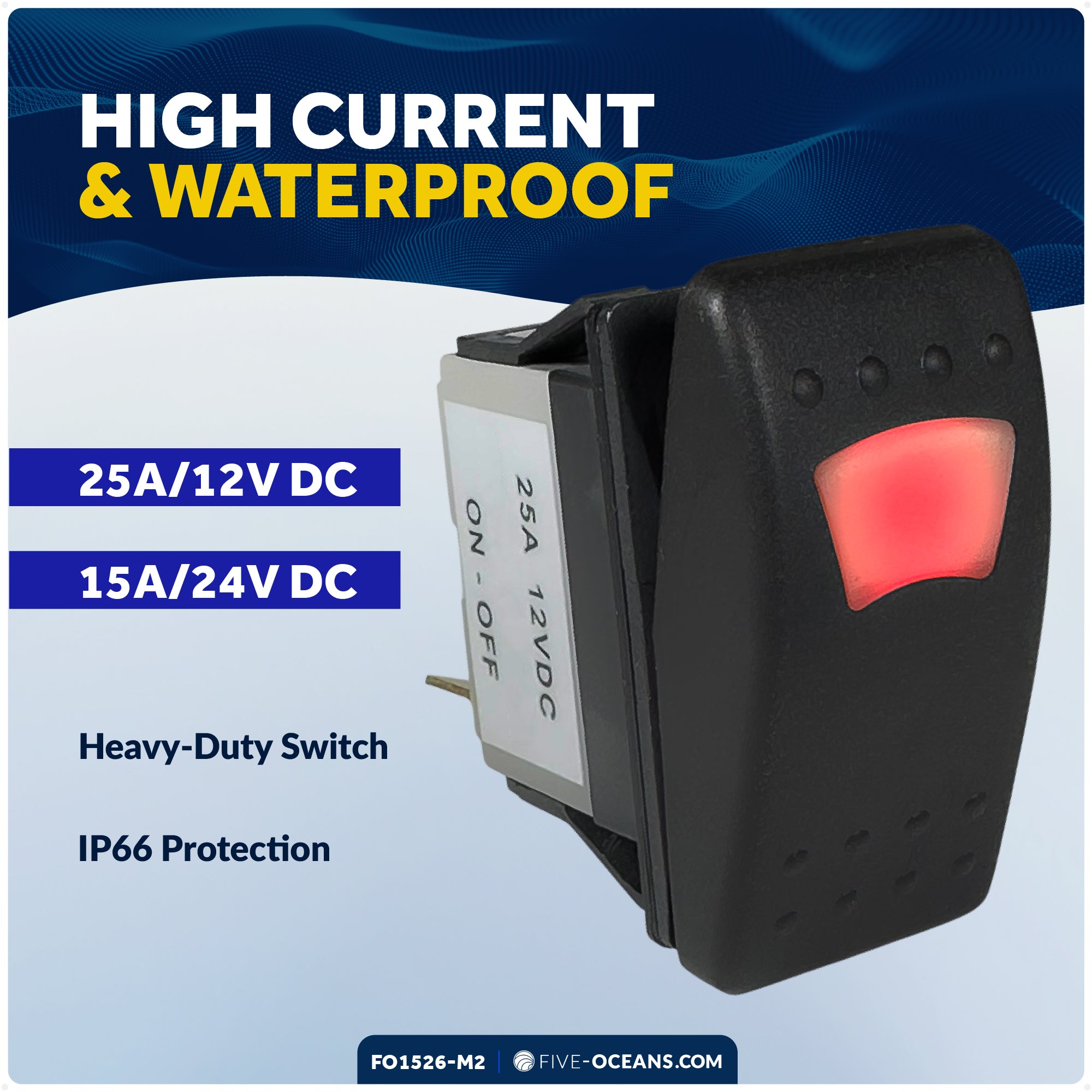 3-Pin On-Off LED Rocker Switch, SPST, 25A/12V DC - 15A/24V DC, 2-Pack - FO1526-M2