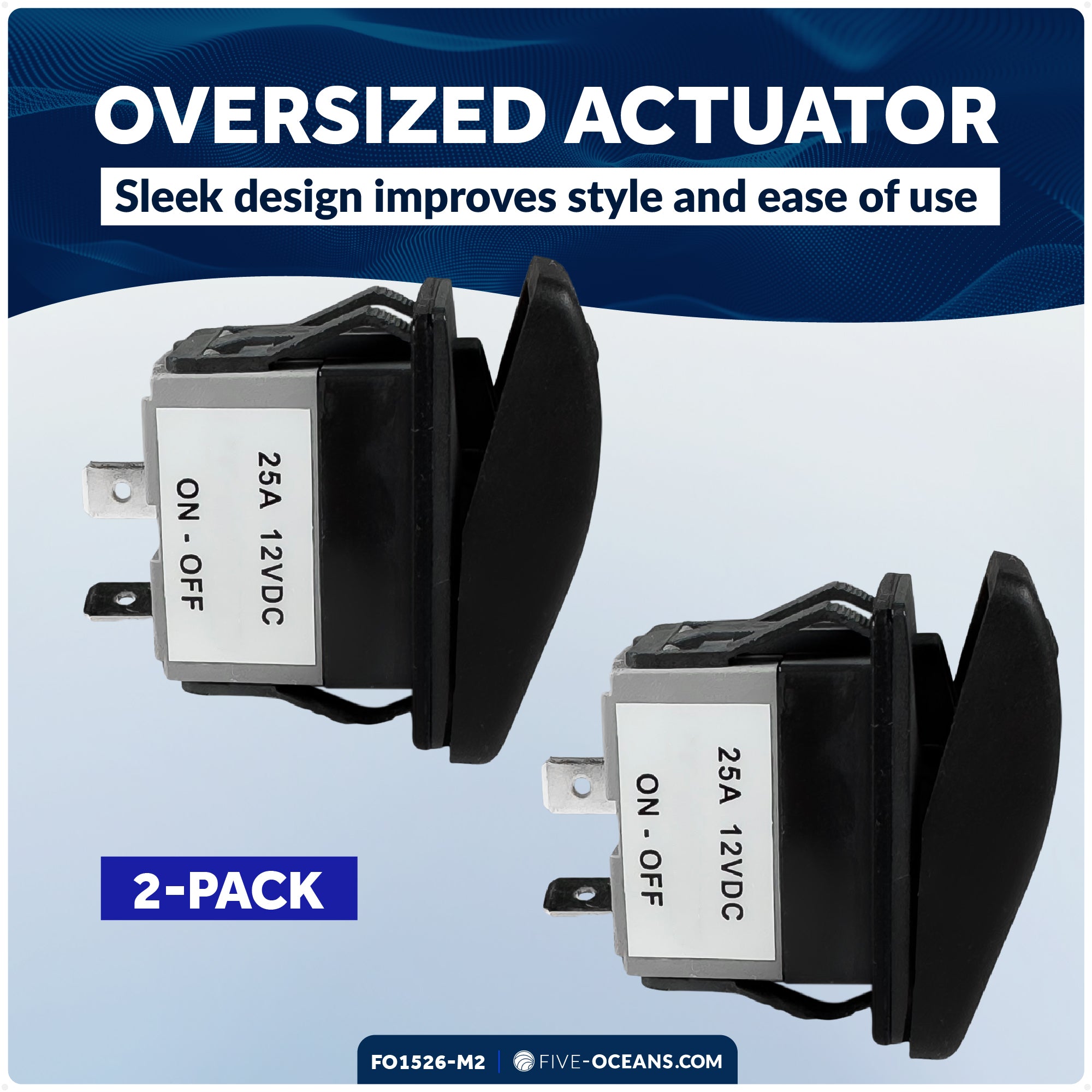 3-Pin On-Off LED Rocker Switch, SPST, 25A/12V DC - 15A/24V DC, 2-Pack - FO1526-M2