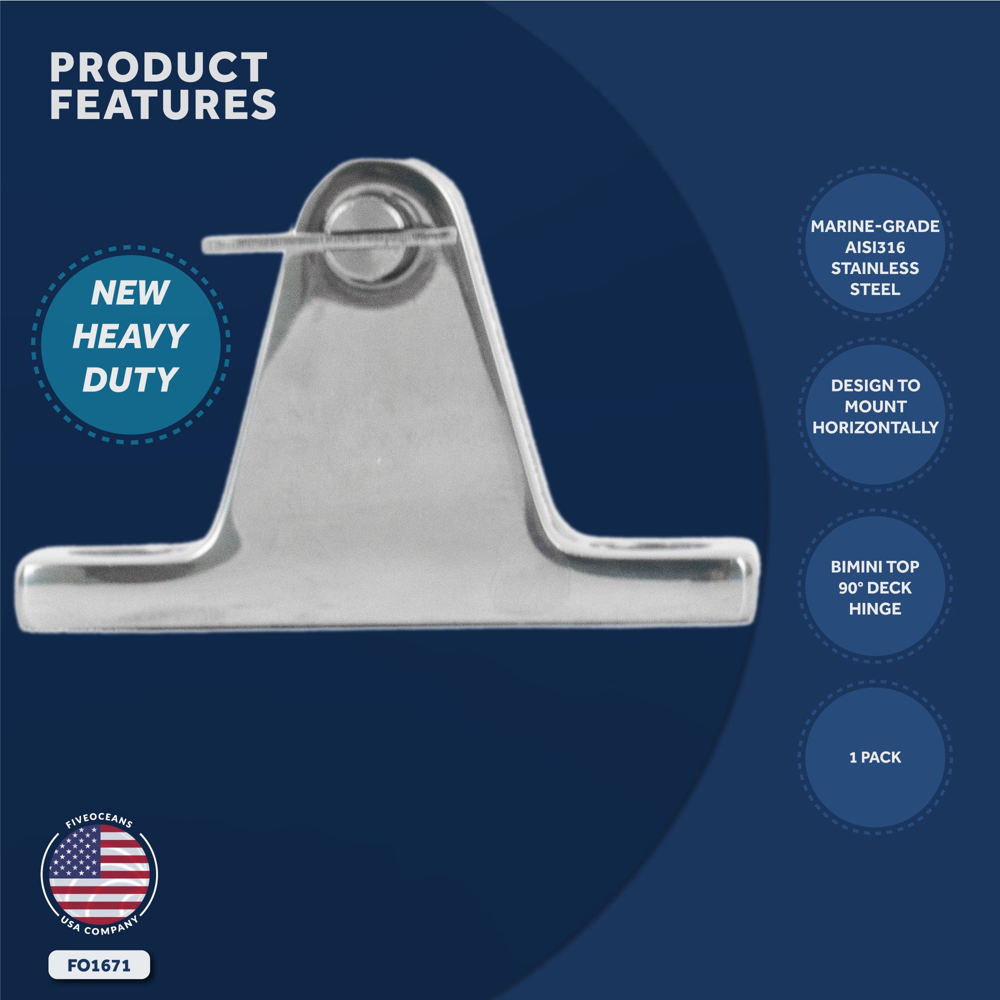 Bimini Top Hardware 90 Degree Deck Hinge with Removable Pin, AISI316 Stailess Steel - FO1671 - Five Oceans