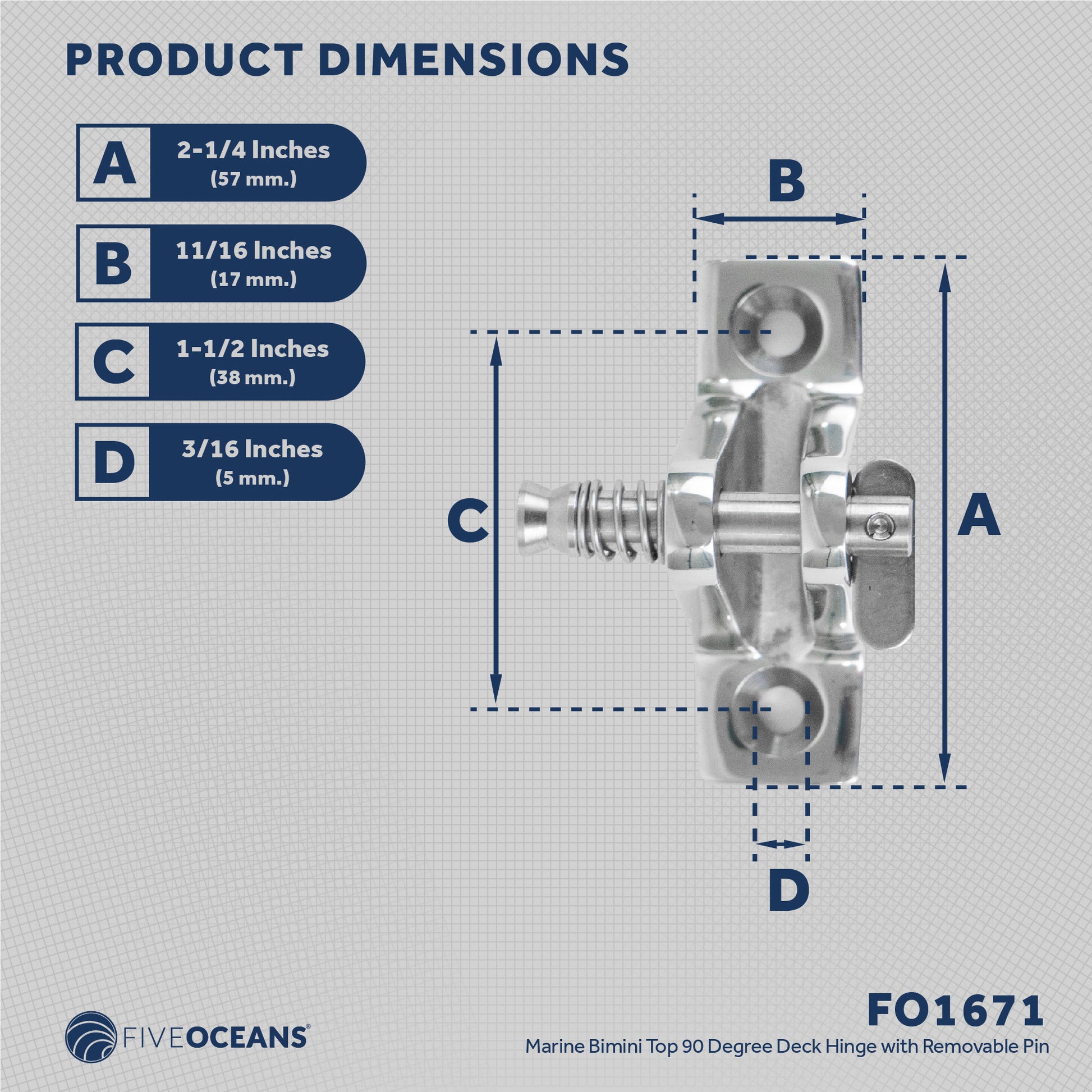 Bimini Top Hardware 90 Degree Deck Hinge with Removable Pin, AISI316 Stailess Steel - FO1671 - Five Oceans