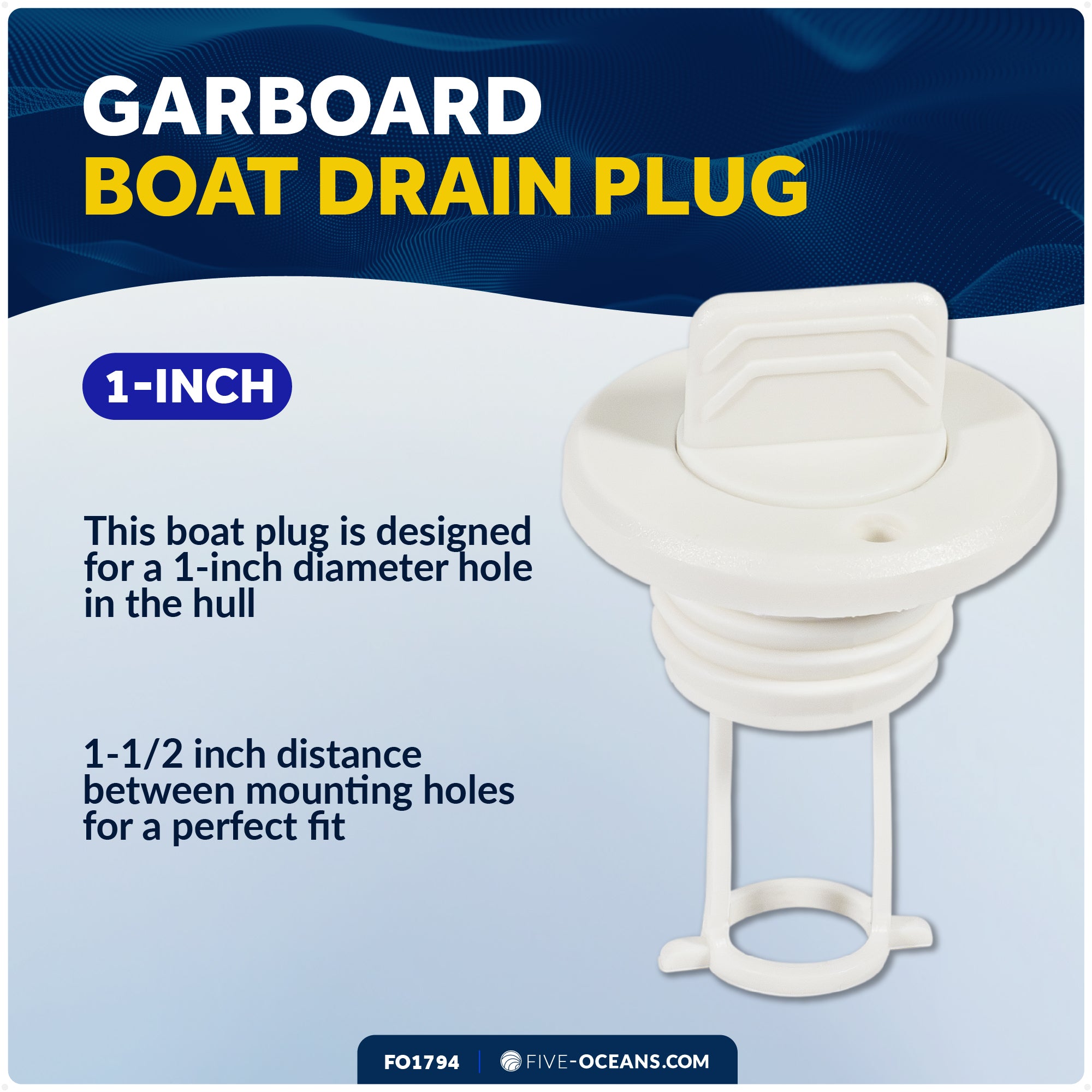 Garboard Boat Drain Plug For 1" Transom Hole, White Nylon - FO1794