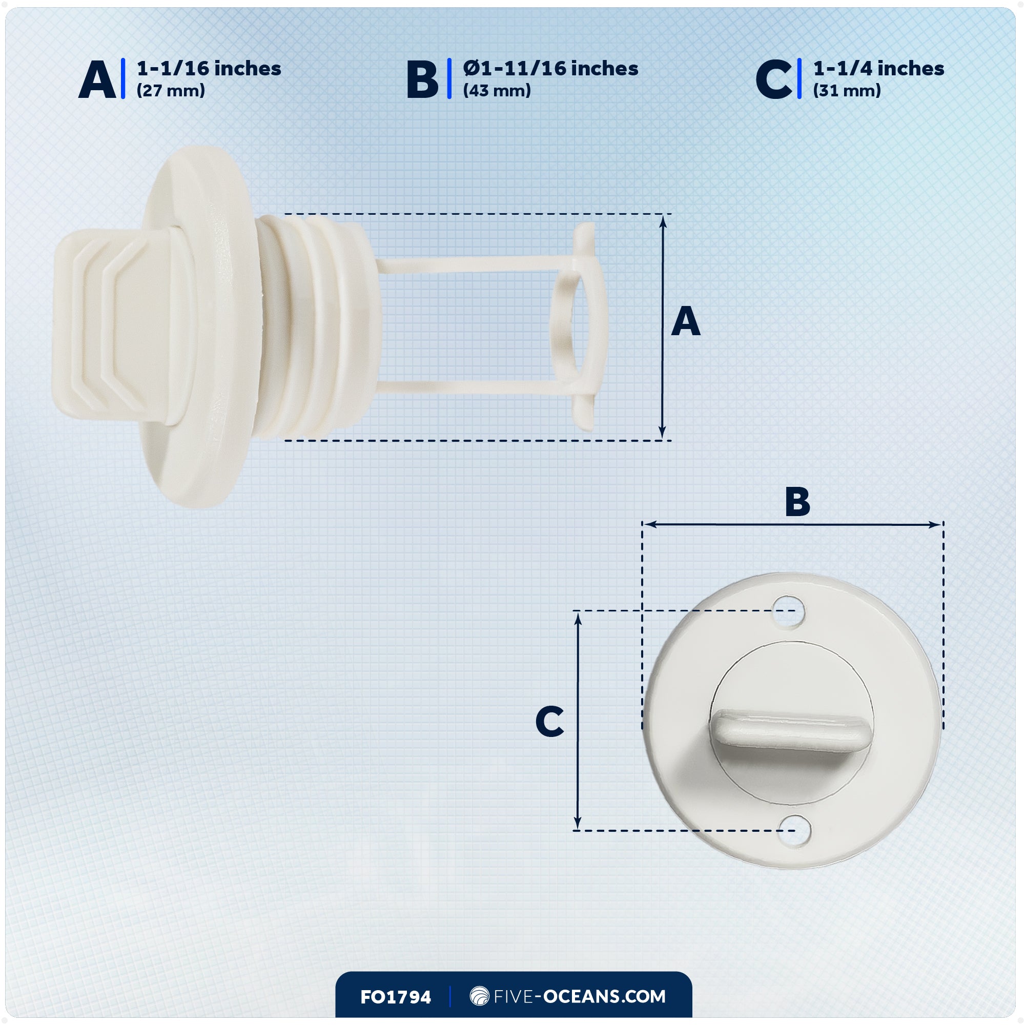 Garboard Boat Drain Plug For 1" Transom Hole, White Nylon - FO1794