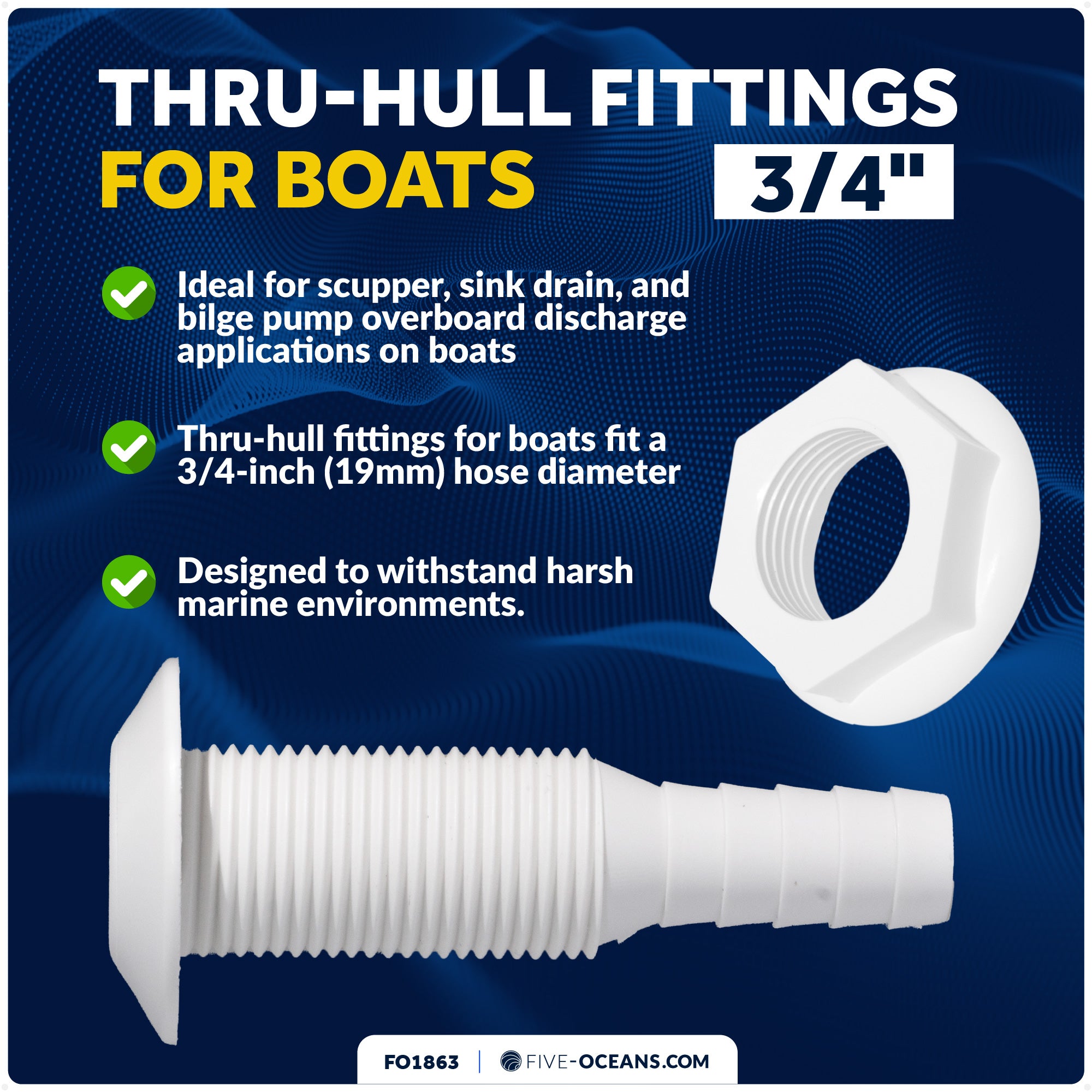 3/4" Thru-Hull Fittings for Boat, White- FO1863
