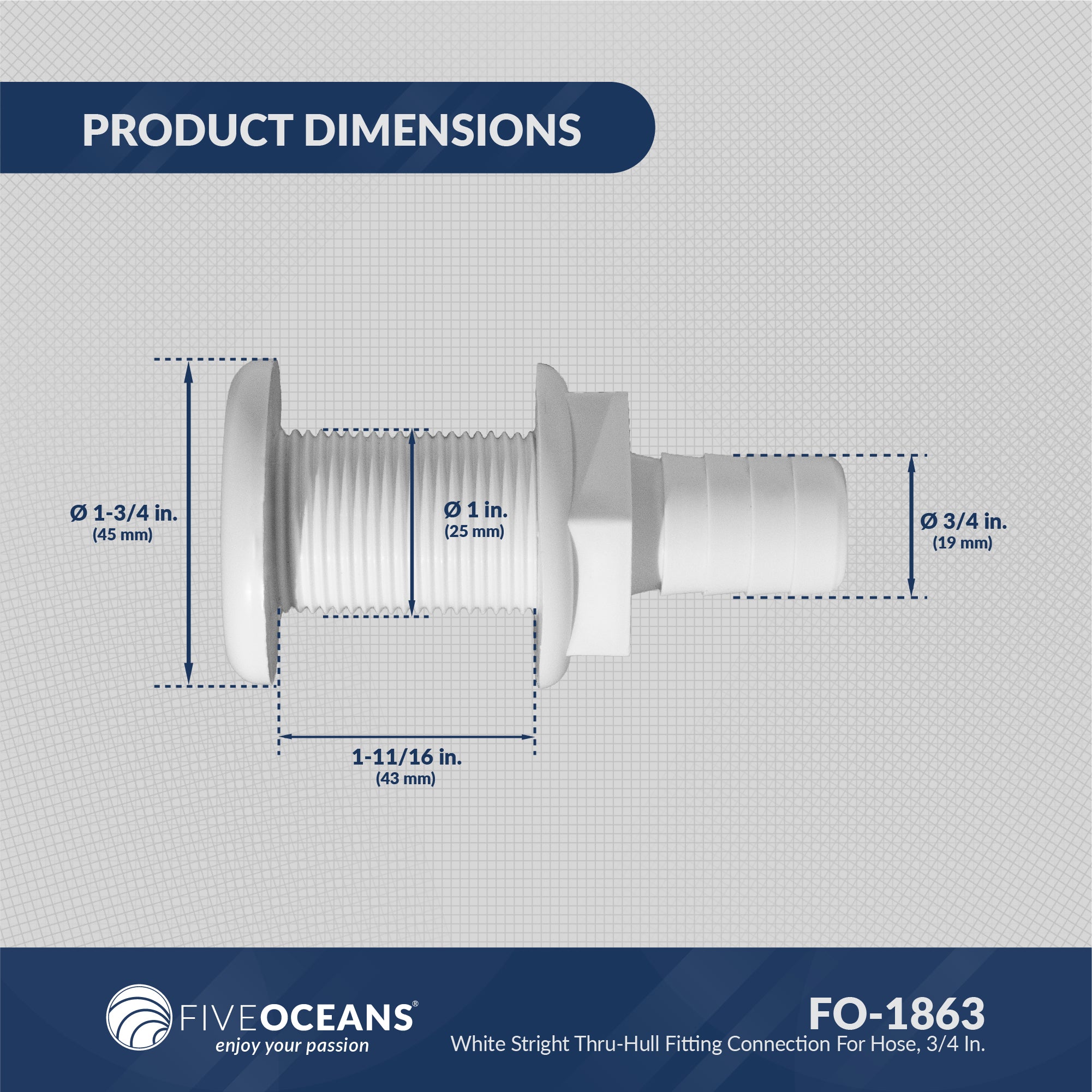Straight Thru-Hull Fitting Connection, 3/4", White - FO1863