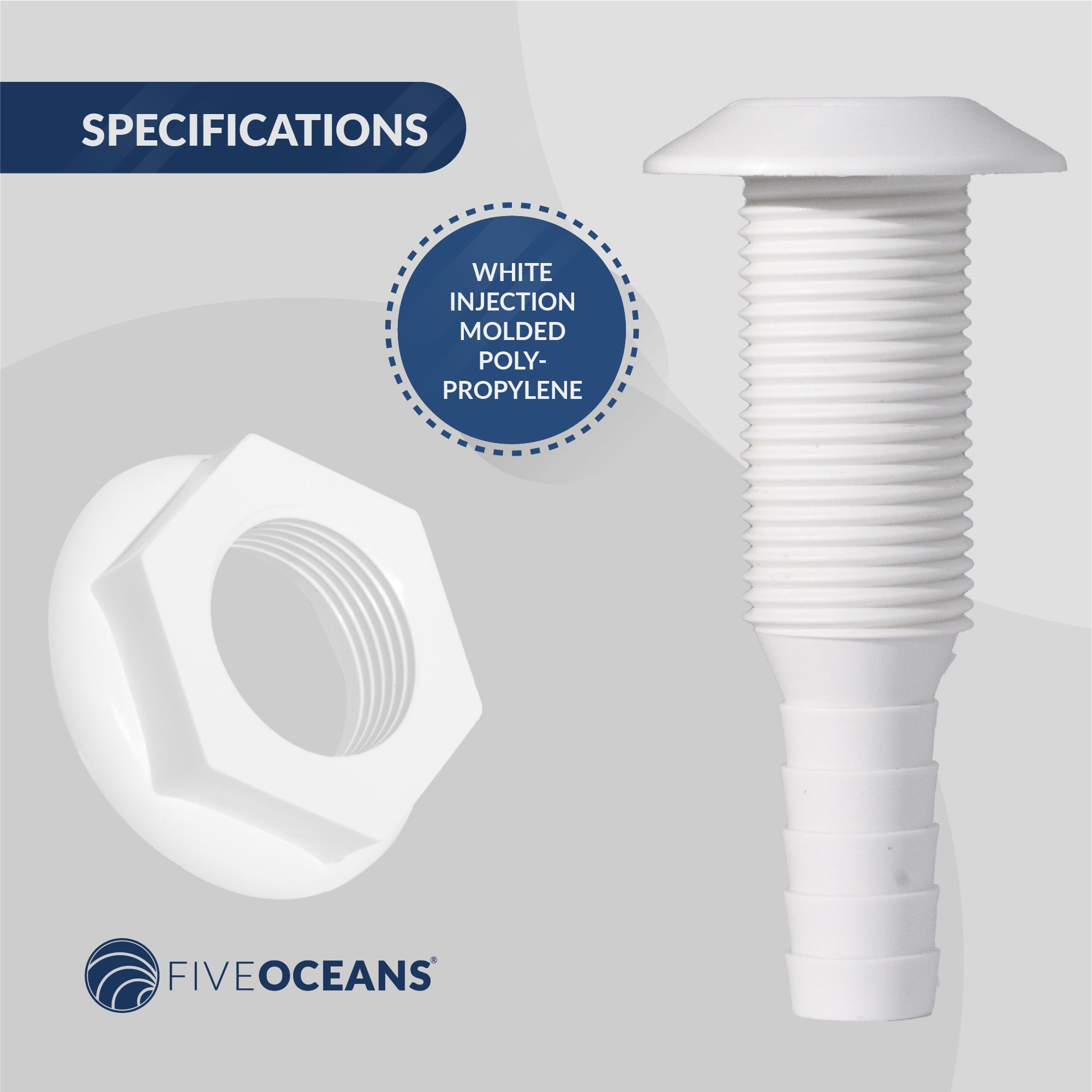 Straight Thru-Hull Fitting Connection, 1/2", White - FO1866 - Five Oceans