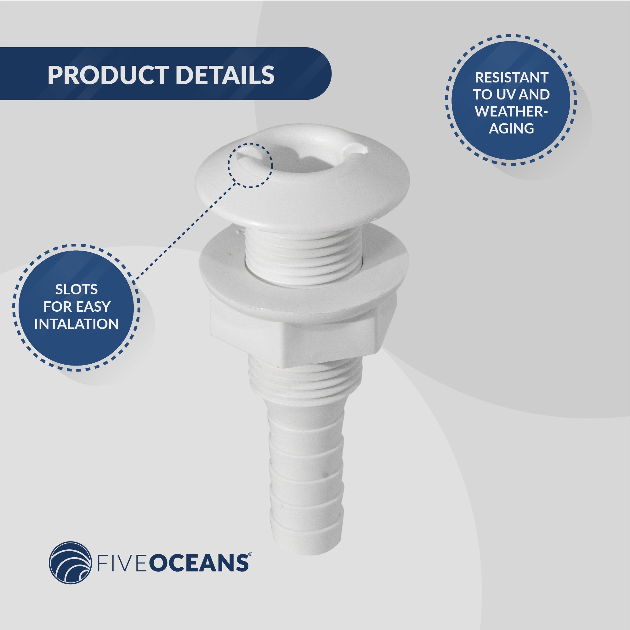 Straight Thru-Hull Fitting Connection, 1/2", White - FO1866 - Five Oceans