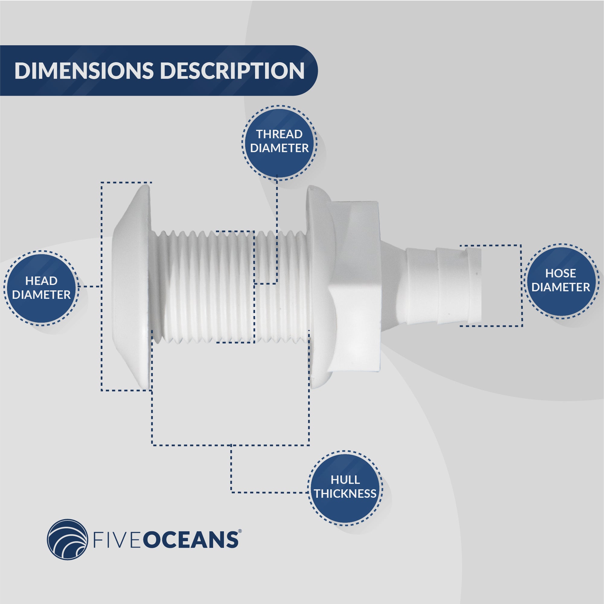 Straight Thru-Hull Fitting Connection, 1/2", White - FO1866 - Five Oceans
