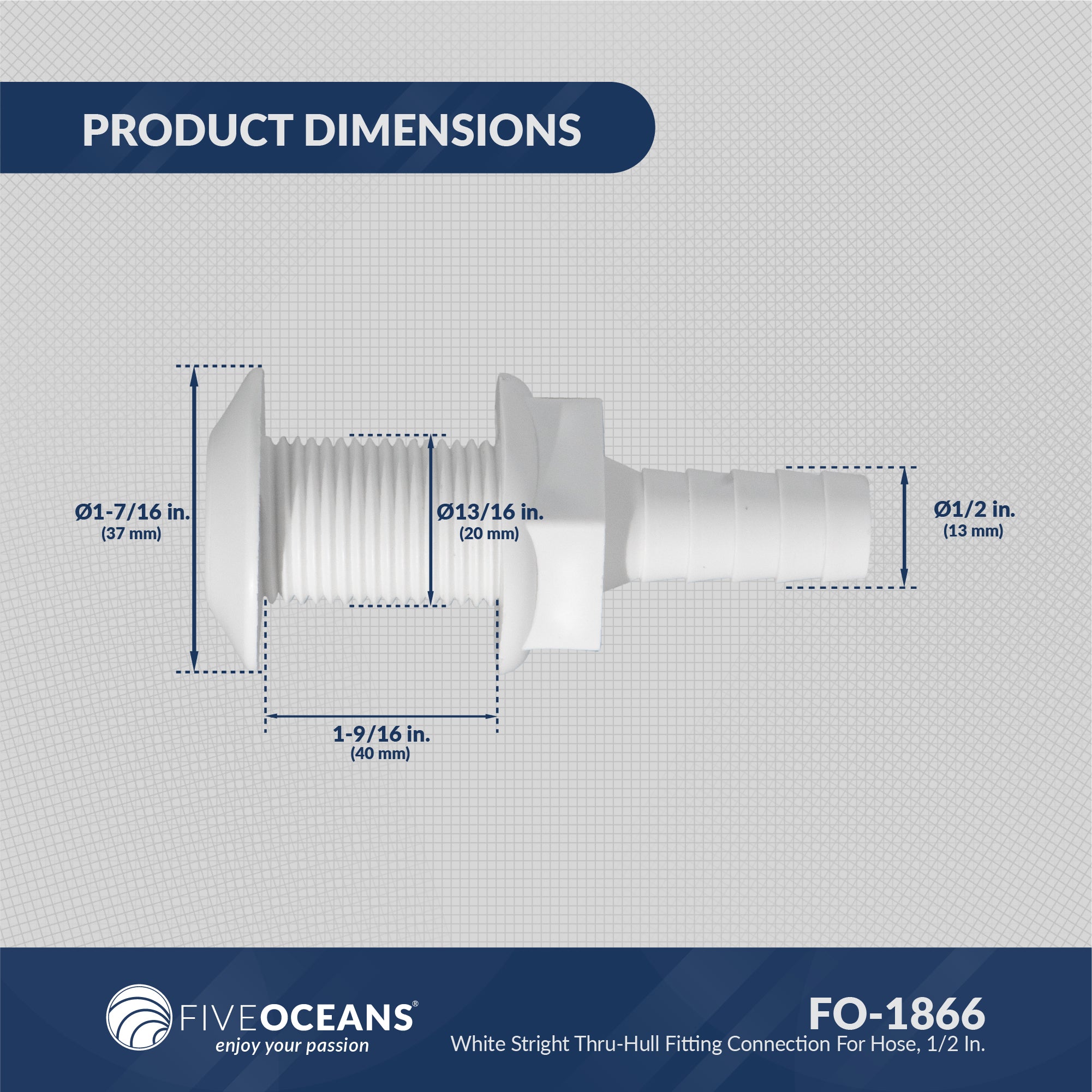 Straight Thru-Hull Fitting Connection, 1/2", White - FO1866 - Five Oceans