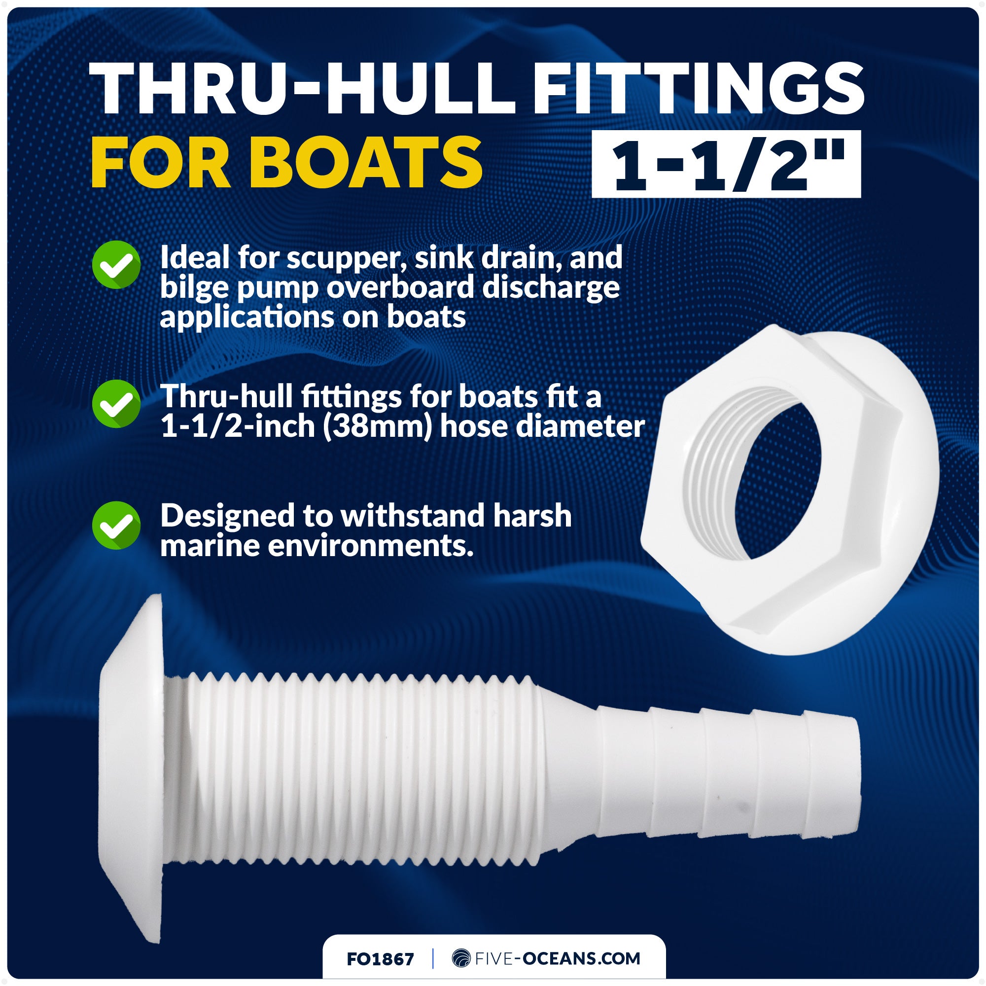1-1/2" Thru-Hull Fittings for Boat, White - FO1867