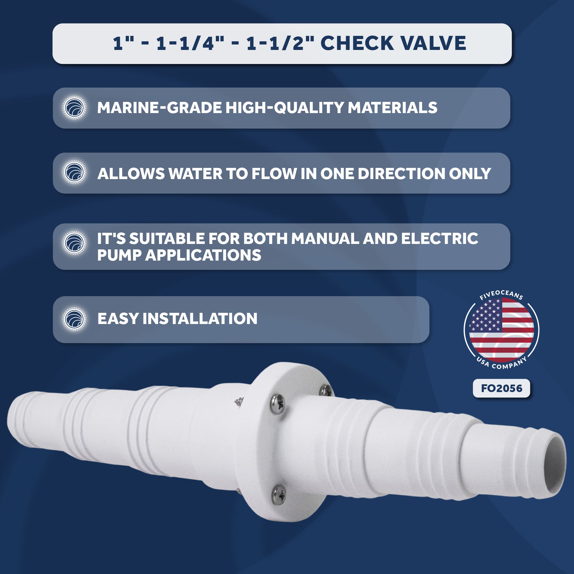 1" - 1-1/4" - 1-1/2" Check Valve, In-Line One-Way Stepped Connection - FO2056 - Five Oceans