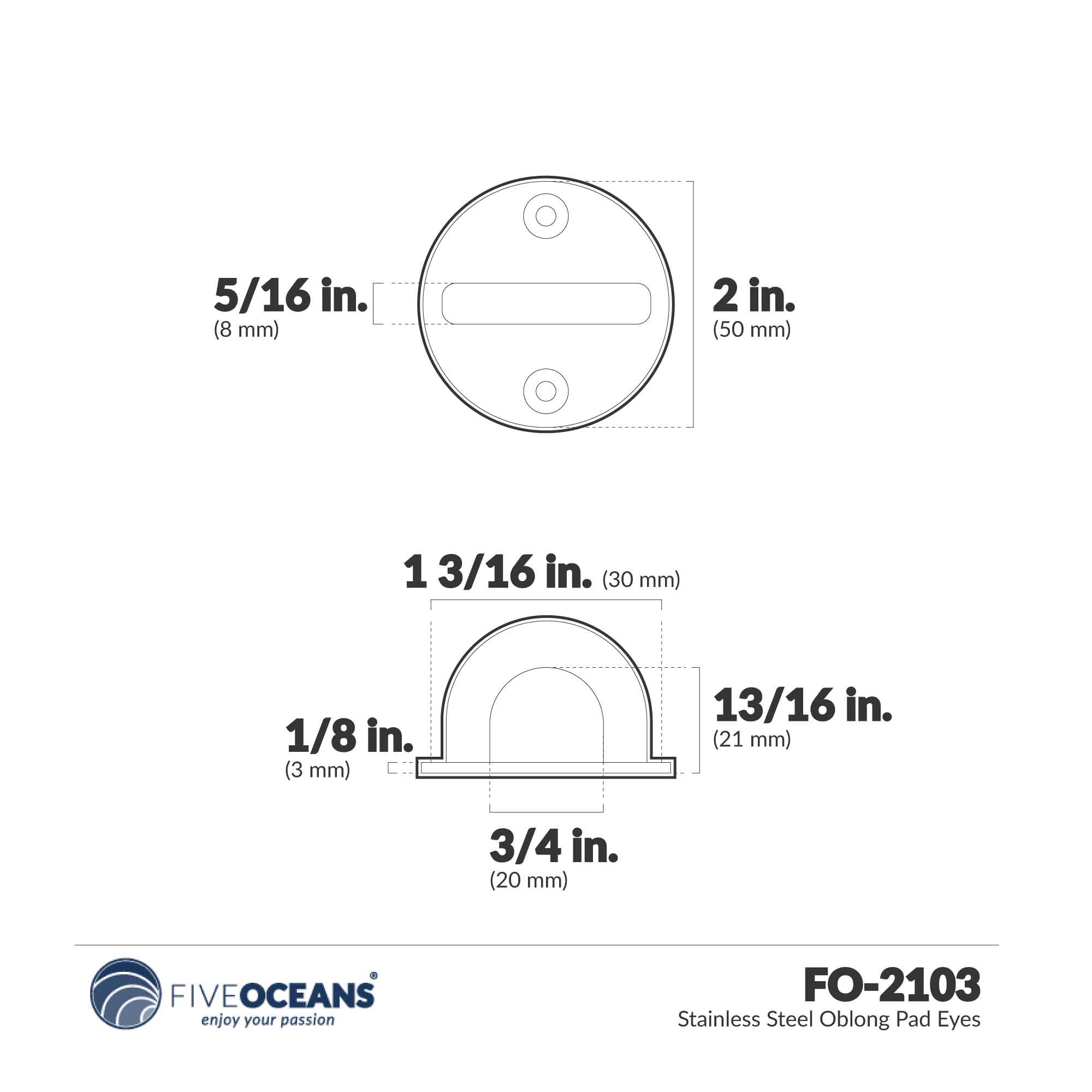 Stainless Steel Oblong Pad Eyes - FO2103 - Five Oceans