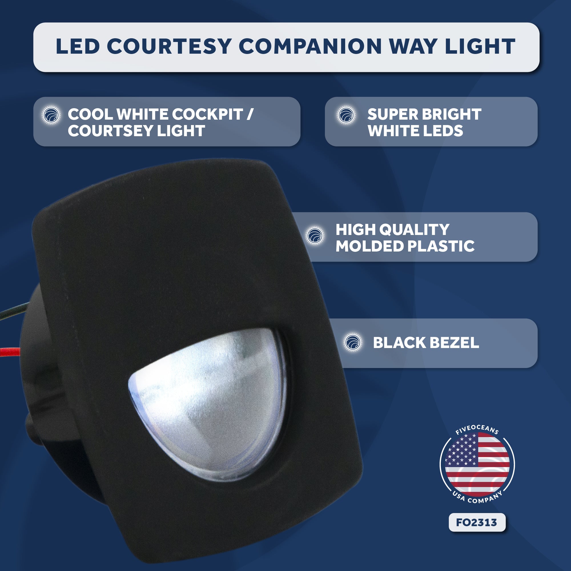 LED Courtesy Companion Way Light, Black Square, Cool White - FO2313 - Five Oceans