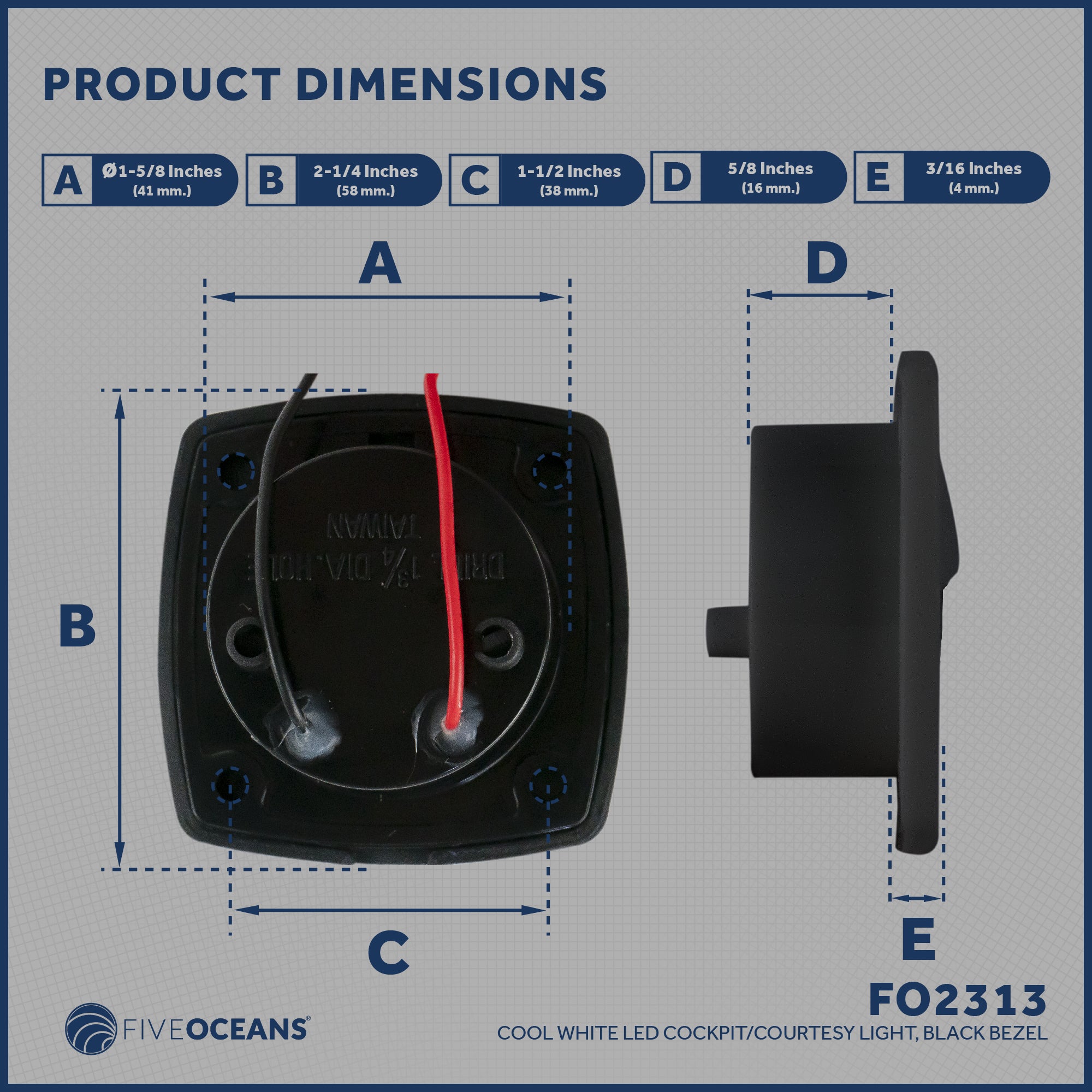 LED Courtesy Companion Way Light, Black Square, Cool White - FO2313 - Five Oceans