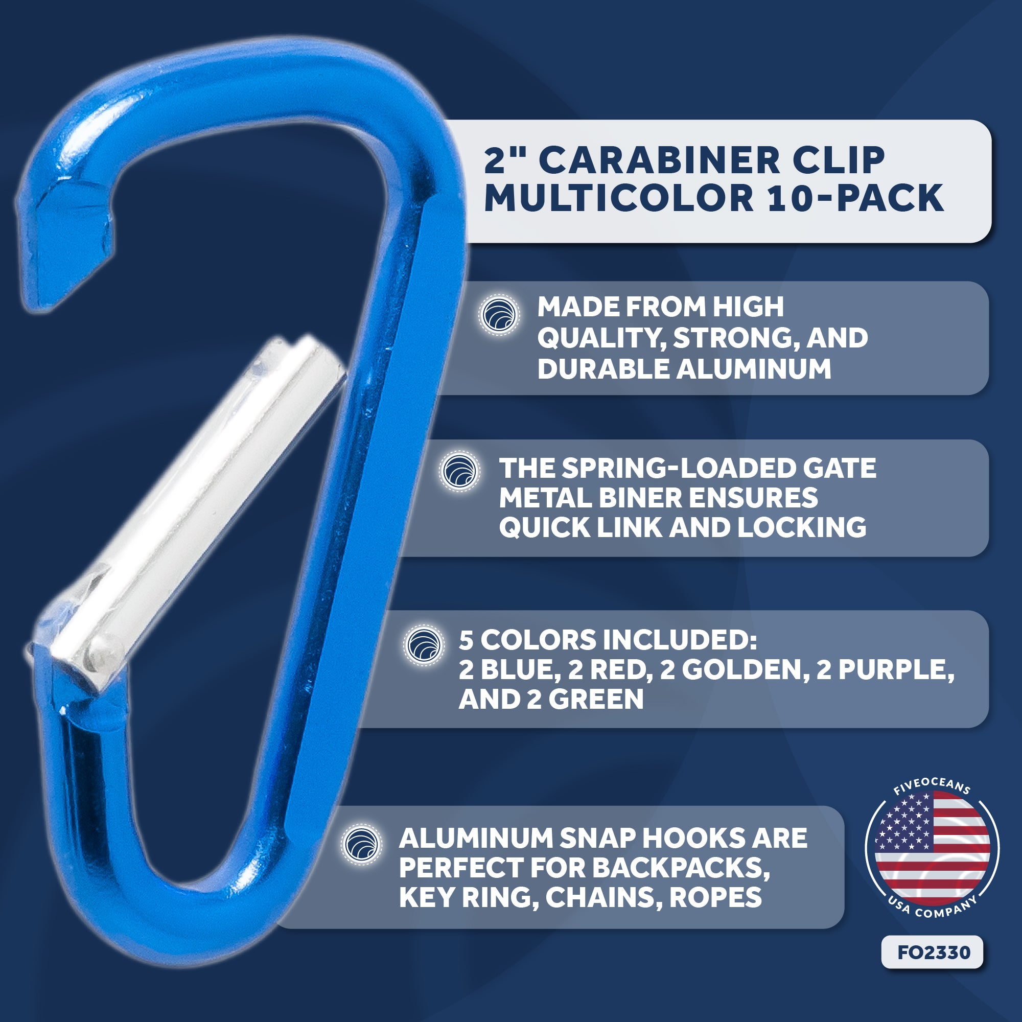 Carabiner D Ring, 2" Aluminum, 10-Pack - FO2330 - Five Oceans