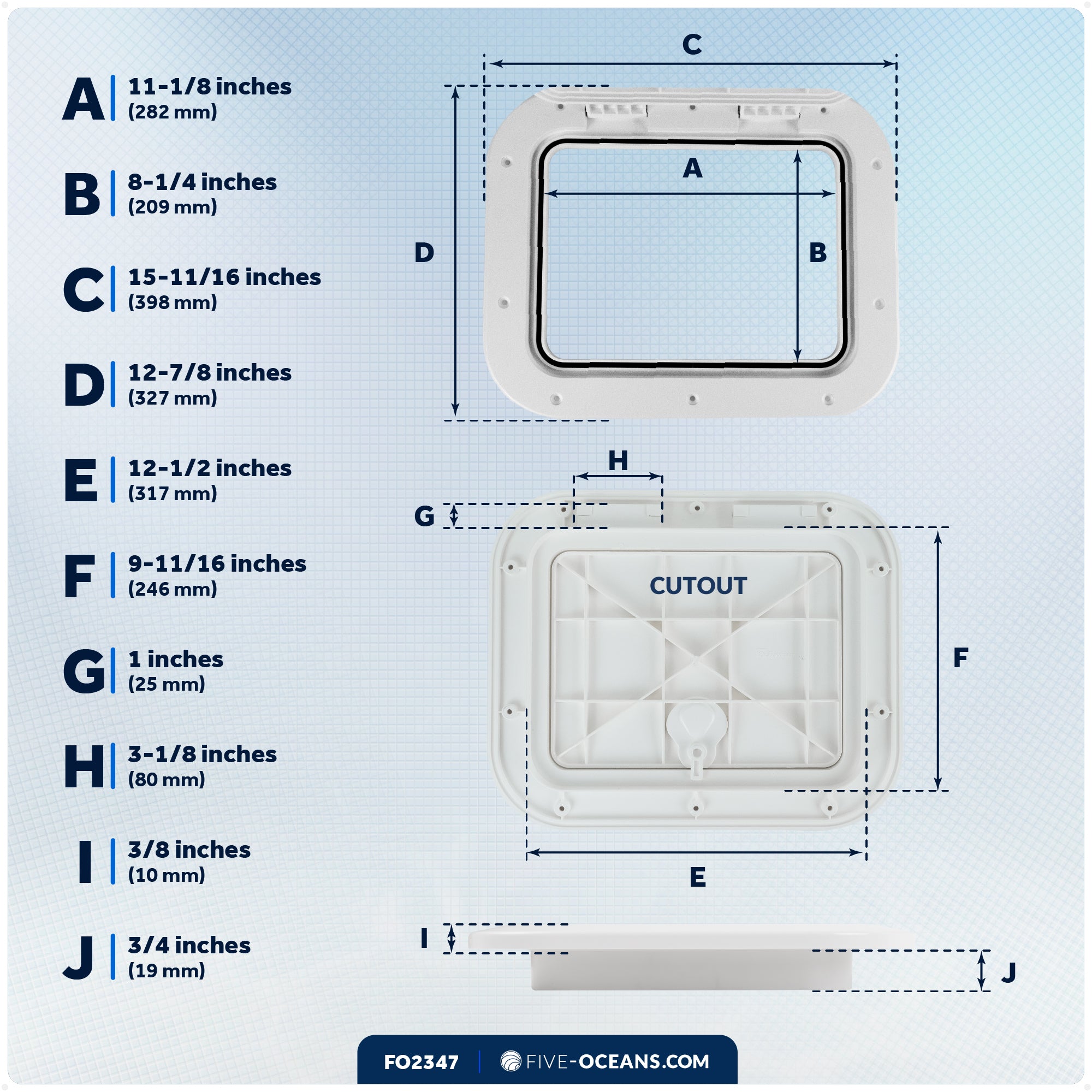 Boat Access Hatch, 15-11/16" x 12-7/8" Locking Slam Latch System, Off-White - FO2347