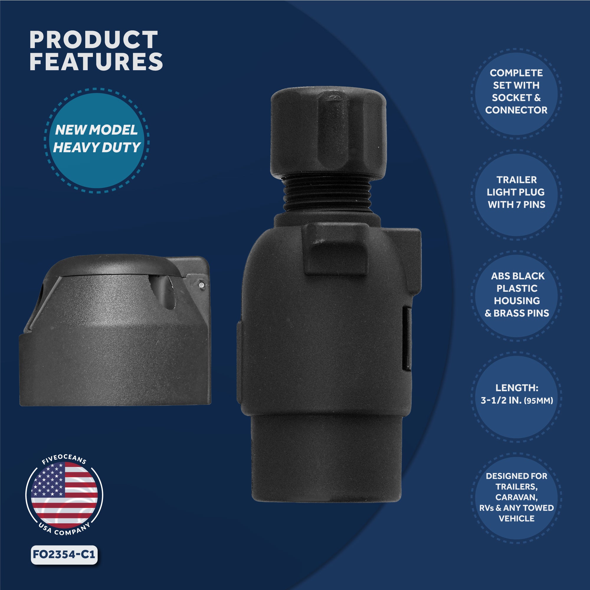 Trailer Electric Plug Adapter and Socket , 7 Pin - FO2354-C1 - Five Oceans