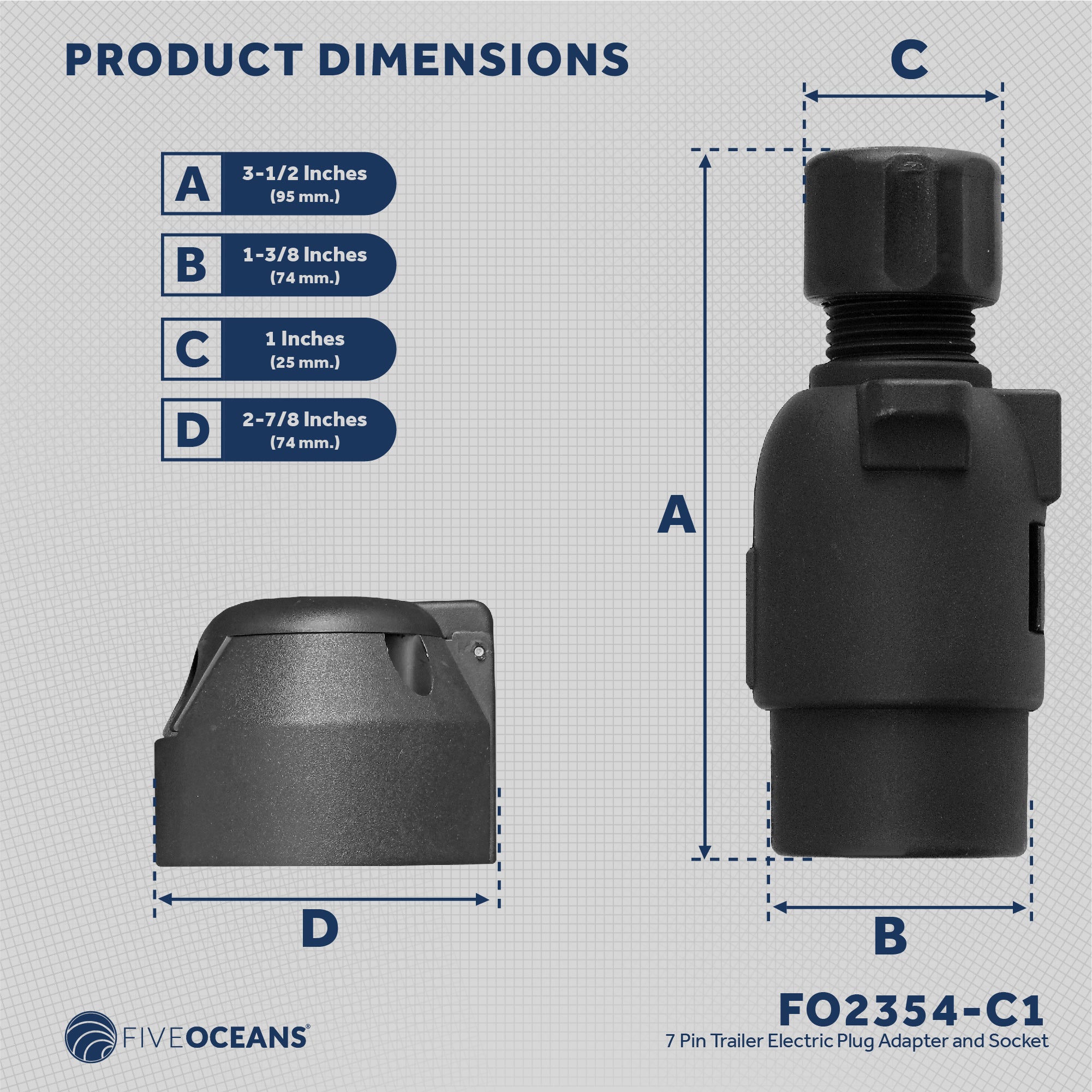 Trailer Electric Plug Adapter and Socket , 7 Pin - FO2354-C1 - Five Oceans