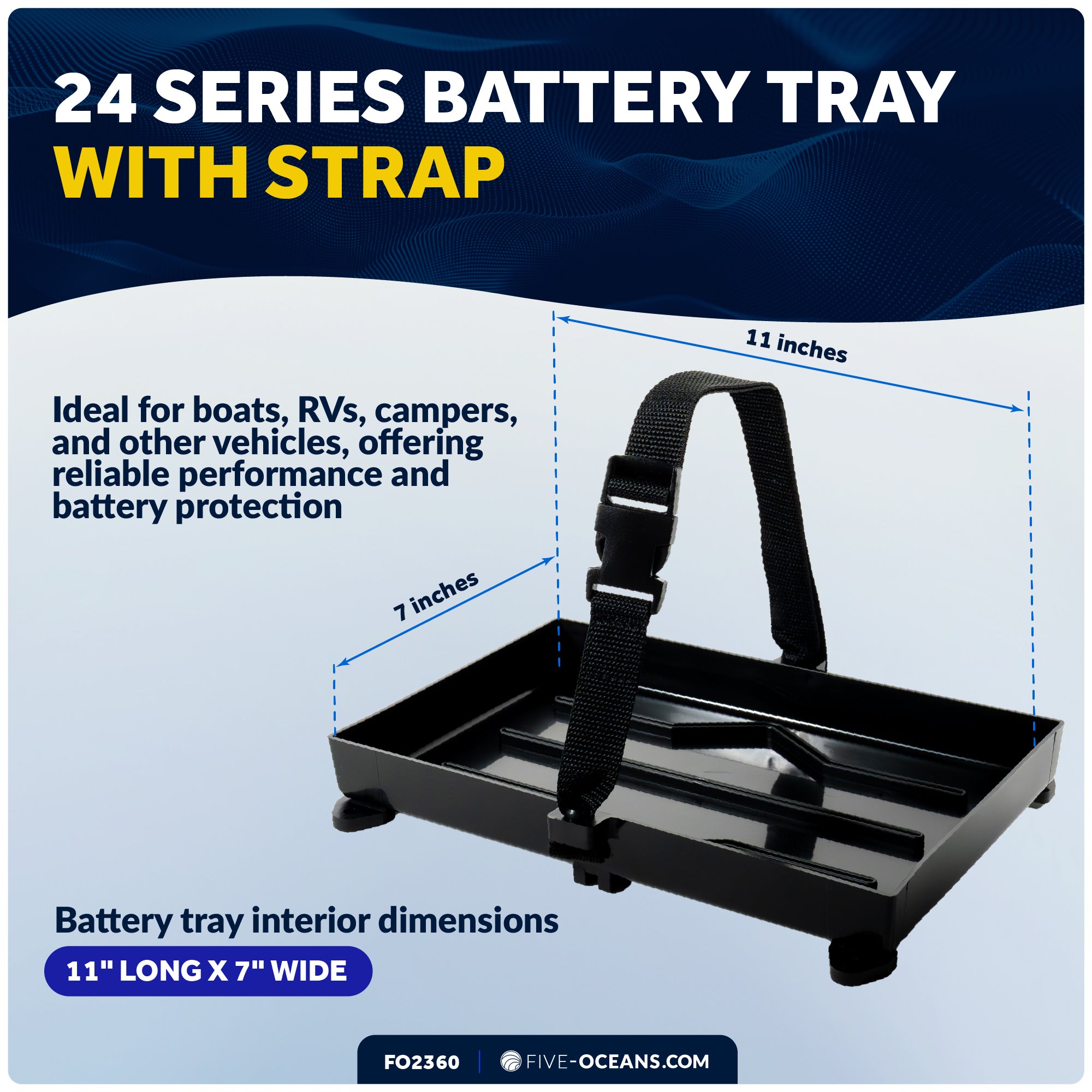 Group 24 Battery Tray with Hold-Down Strap, Black, 11" x 7" - FO-2360