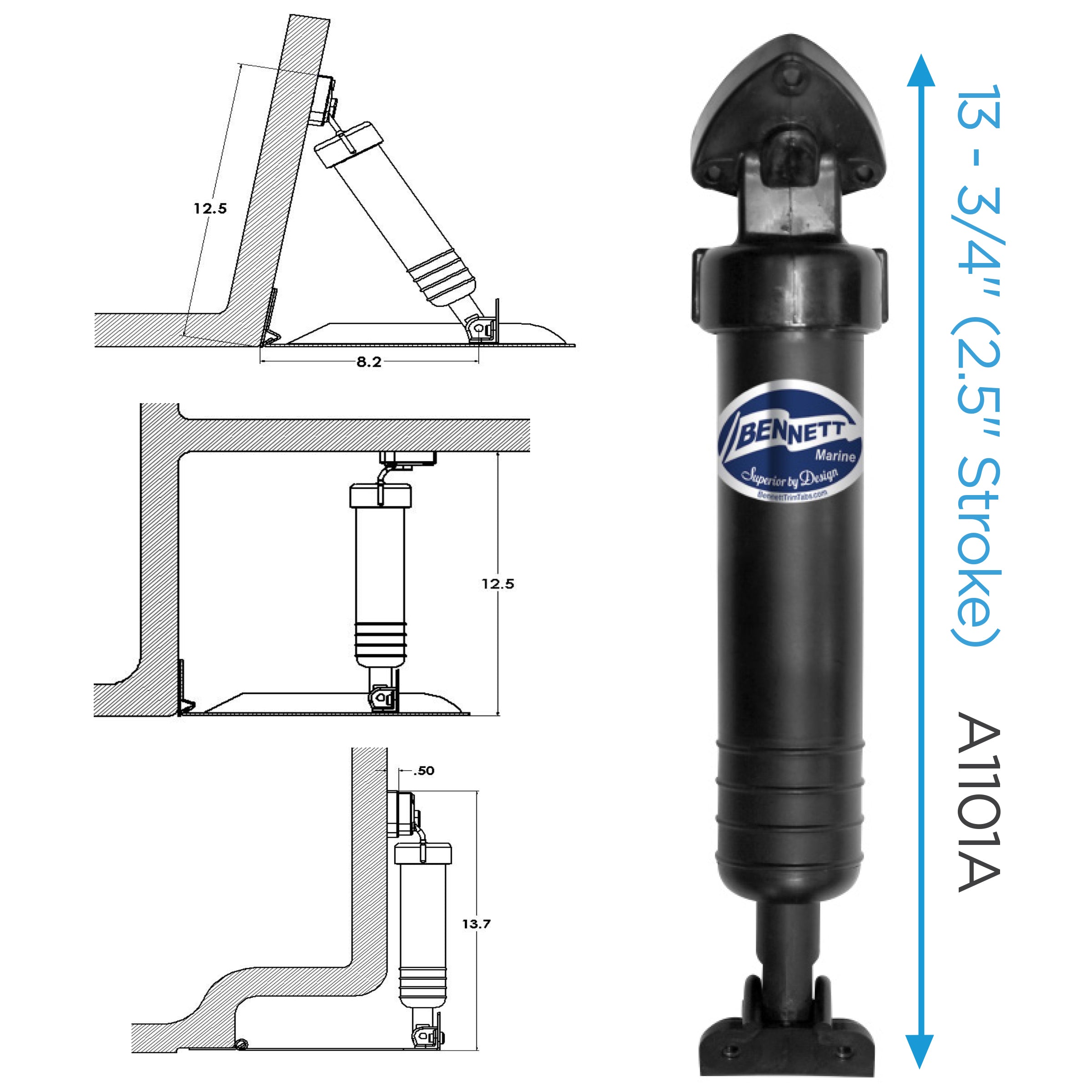 Trim Tab Piston Standard Hydraulic Actuator 13-3/4" - FO2462 - Five Oceans