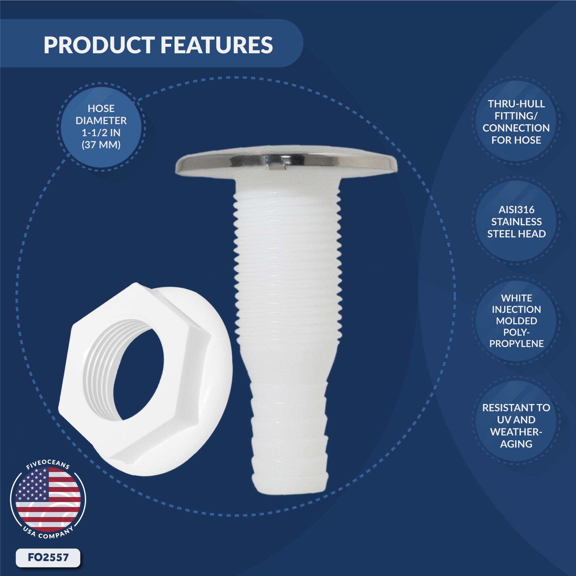Thru-Hull Fitting for Hose, 1-1/2" White, Stainless Steel Head - FO2557 - Five Oceans