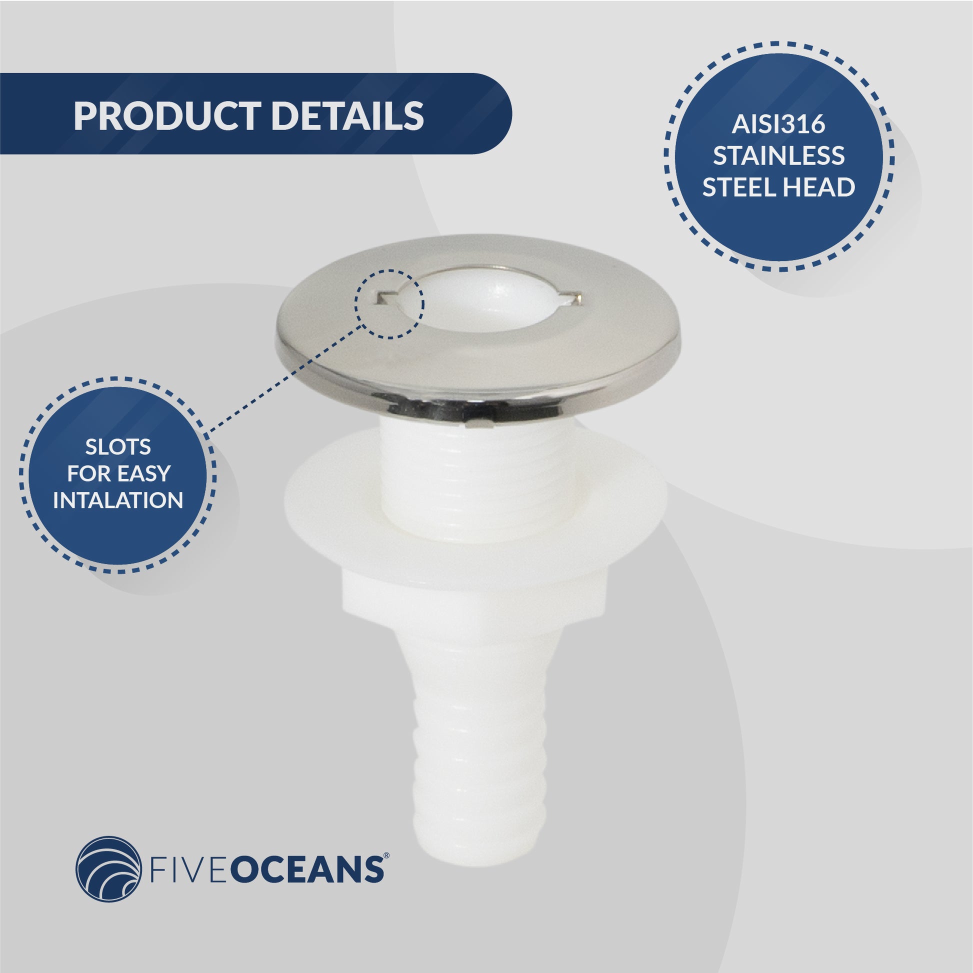 Thru-Hull Fitting for Hose, 1-1/2" White, Stainless Steel Head - FO2557 - Five Oceans