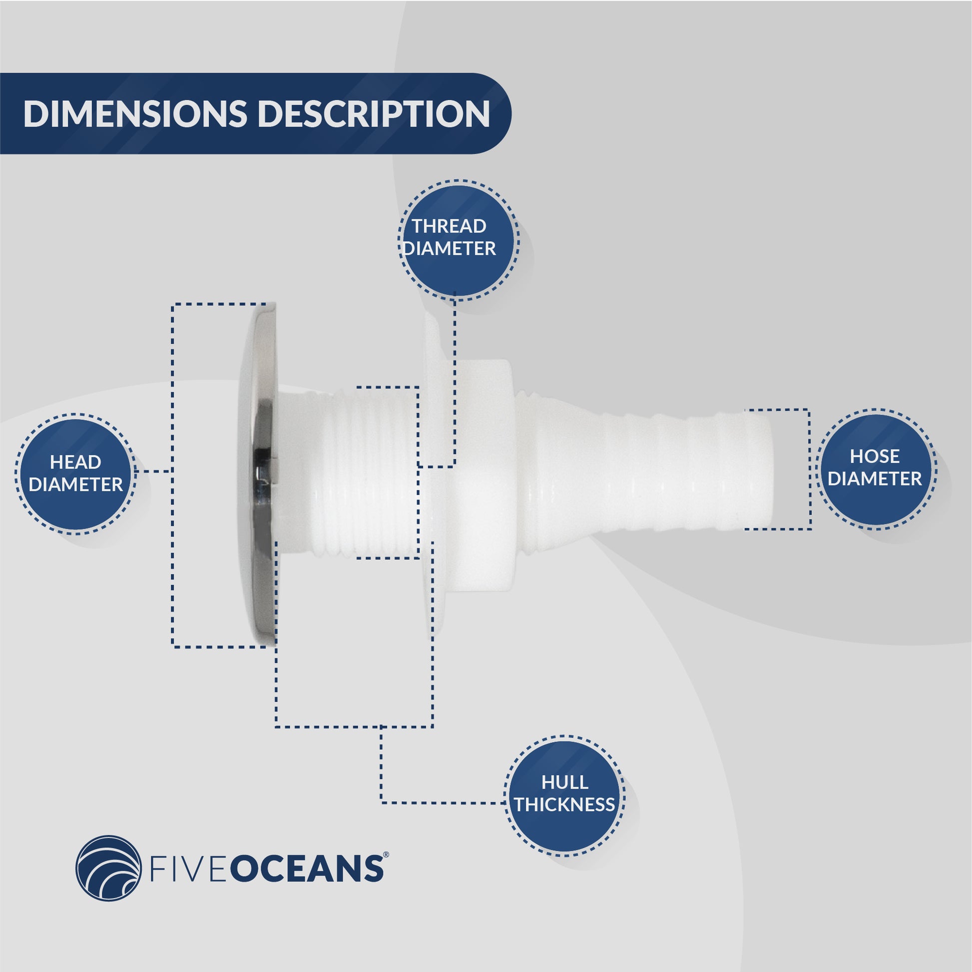 Thru-Hull Fitting for Hose, 1-1/2" White, Stainless Steel Head - FO2557 - Five Oceans