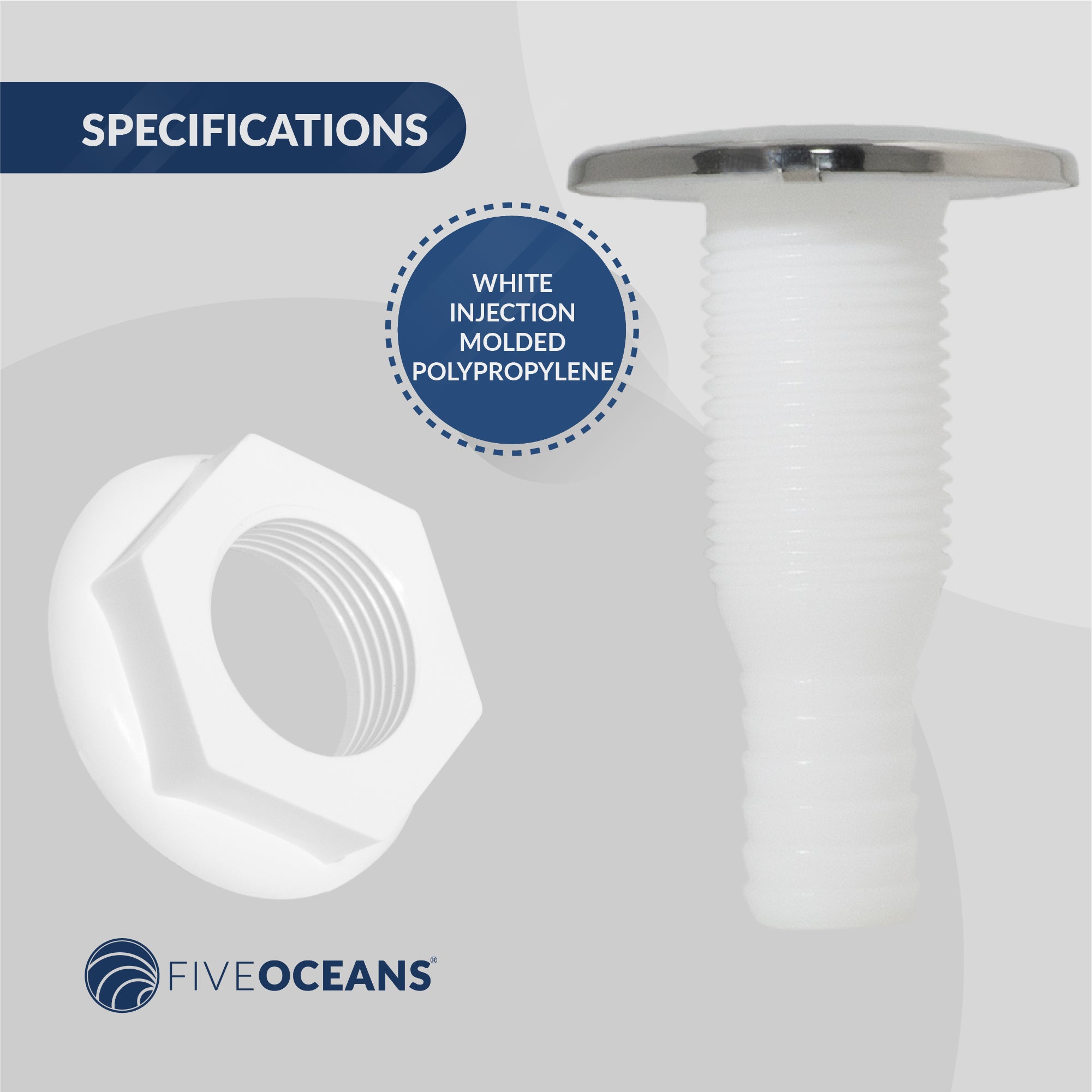 Thru-Hull Fitting for Hose, 3/4" White, Stainless Steel Head - FO2558 - Five Oceans