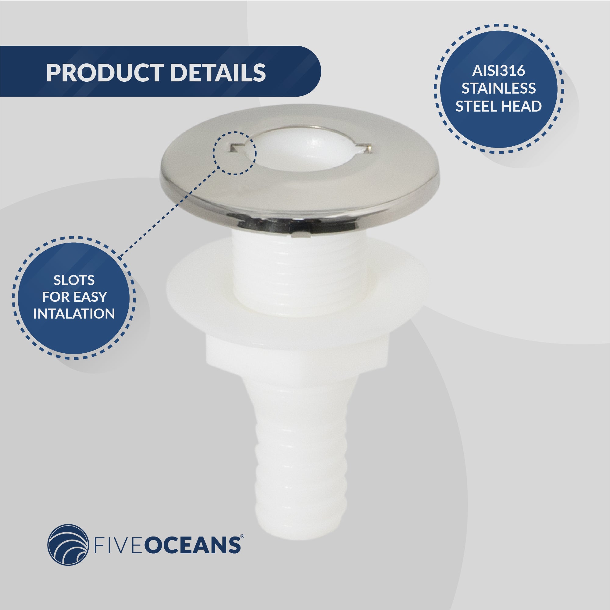 Thru-Hull Fitting for Hose, 3/4" White, Stainless Steel Head - FO2558 - Five Oceans