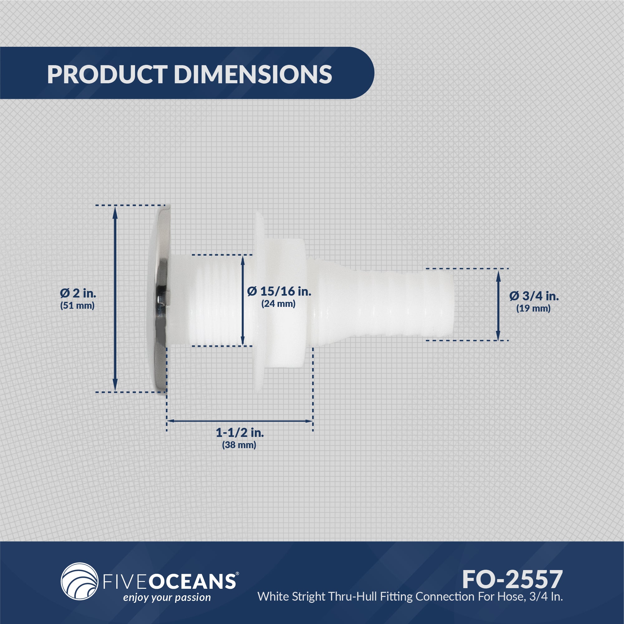 Thru-Hull Fitting for Hose, 3/4" White, Stainless Steel Head - FO2558 - Five Oceans