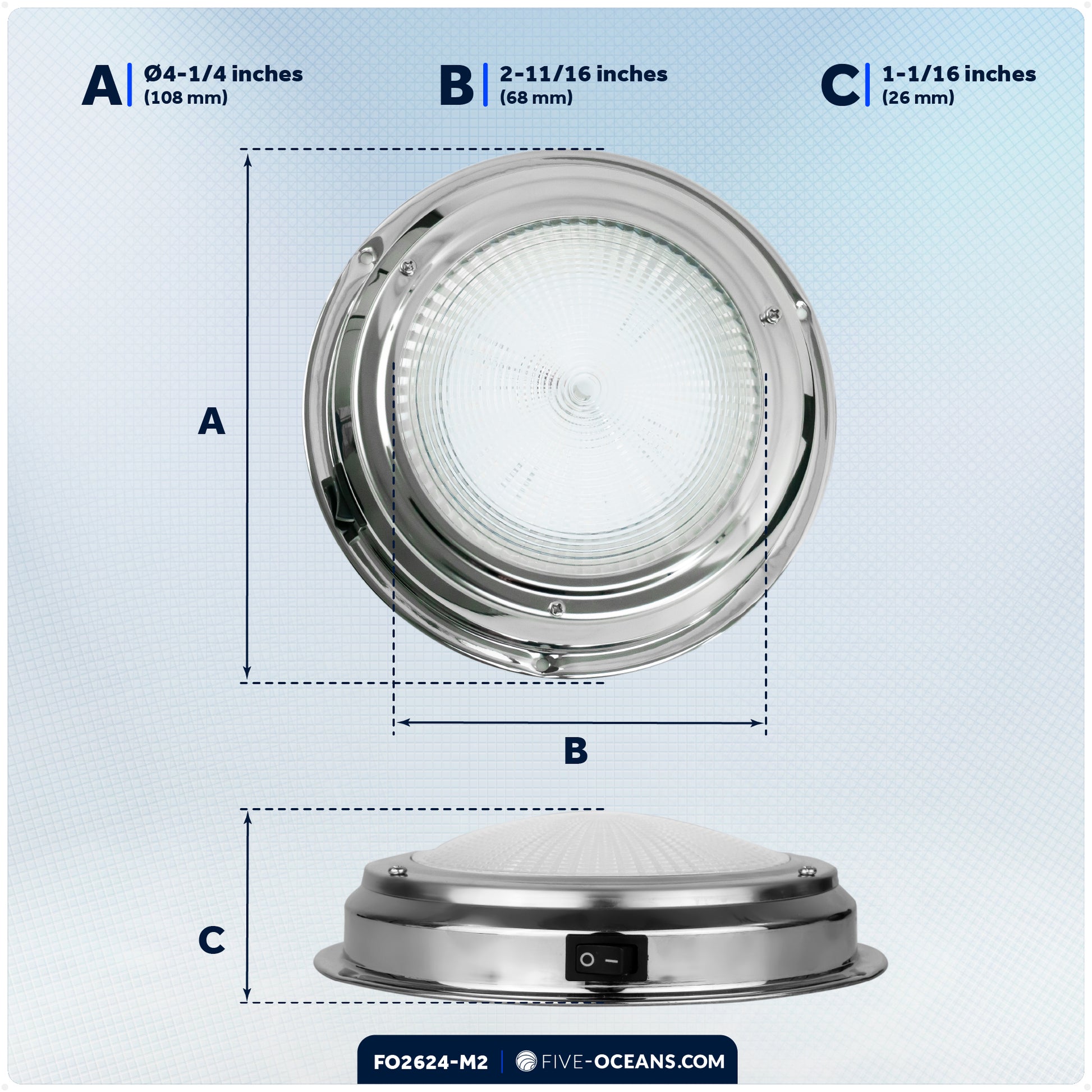 LED Interior Dome Ceiling Light, 4" Surface Mount, Daylight White, 2-Pack - FO2624-M2 - Five Oceans