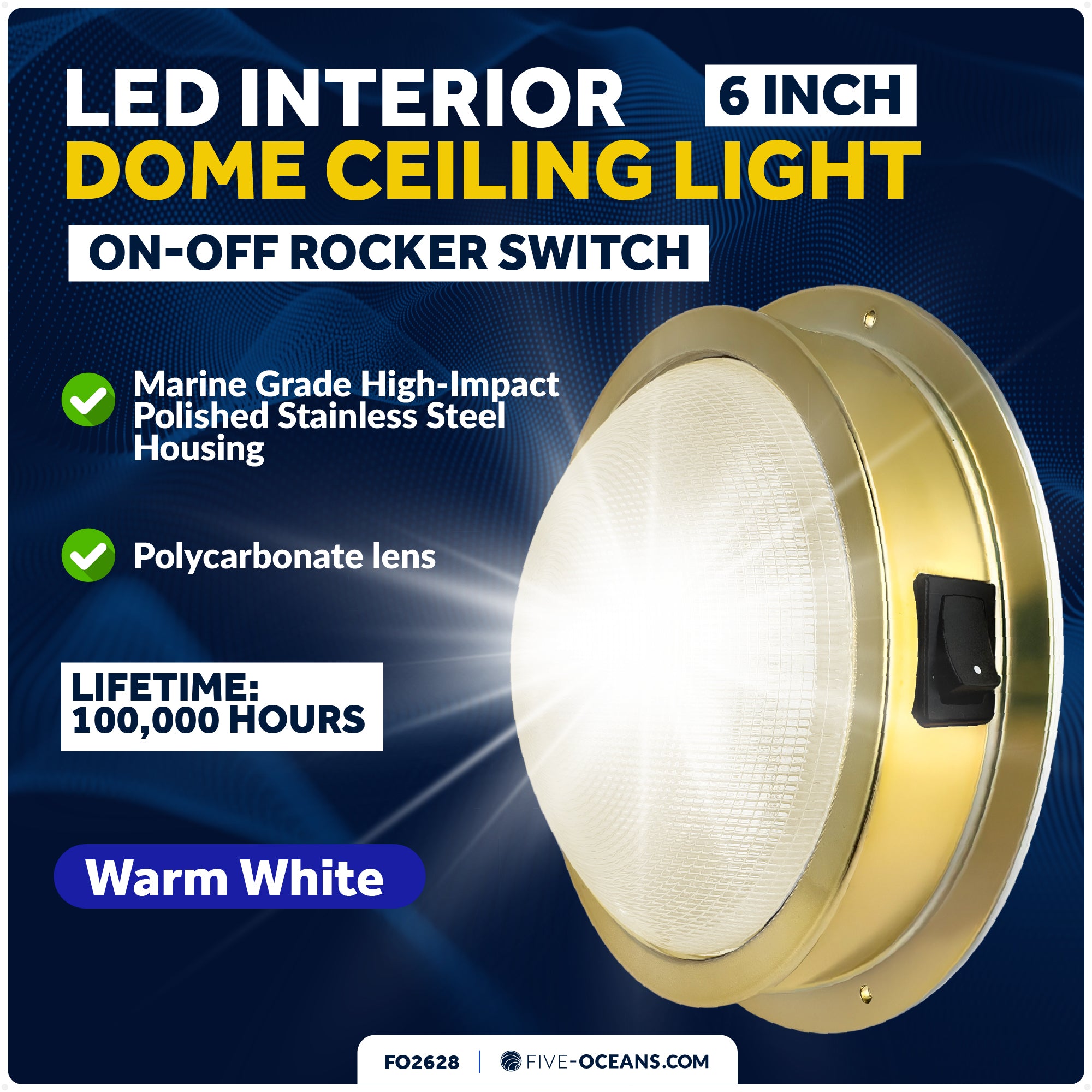 LED Interior Dome Ceiling Light, 6" Surface Mount, Warm White - FO2628 - Five Oceans
