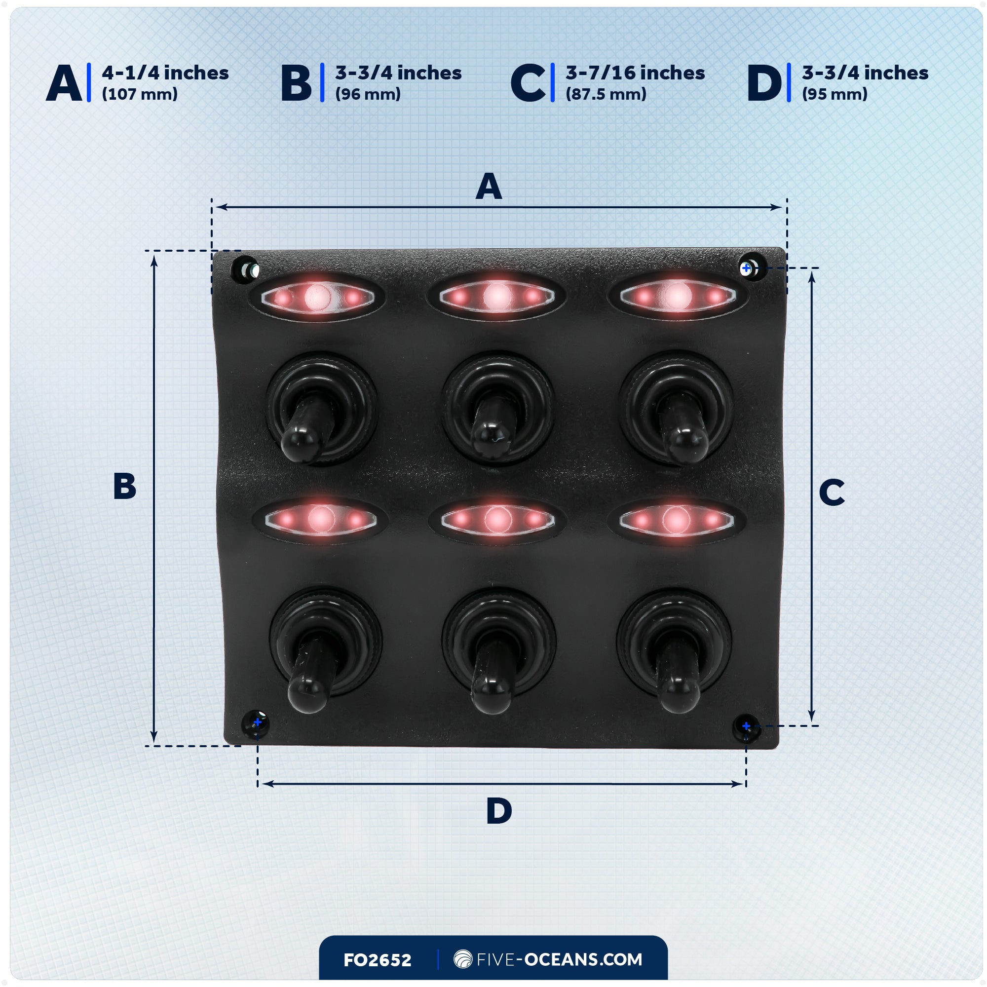 LED 6 Gang Switch Panel - Waterproof - 12-24 Volts - FO2652