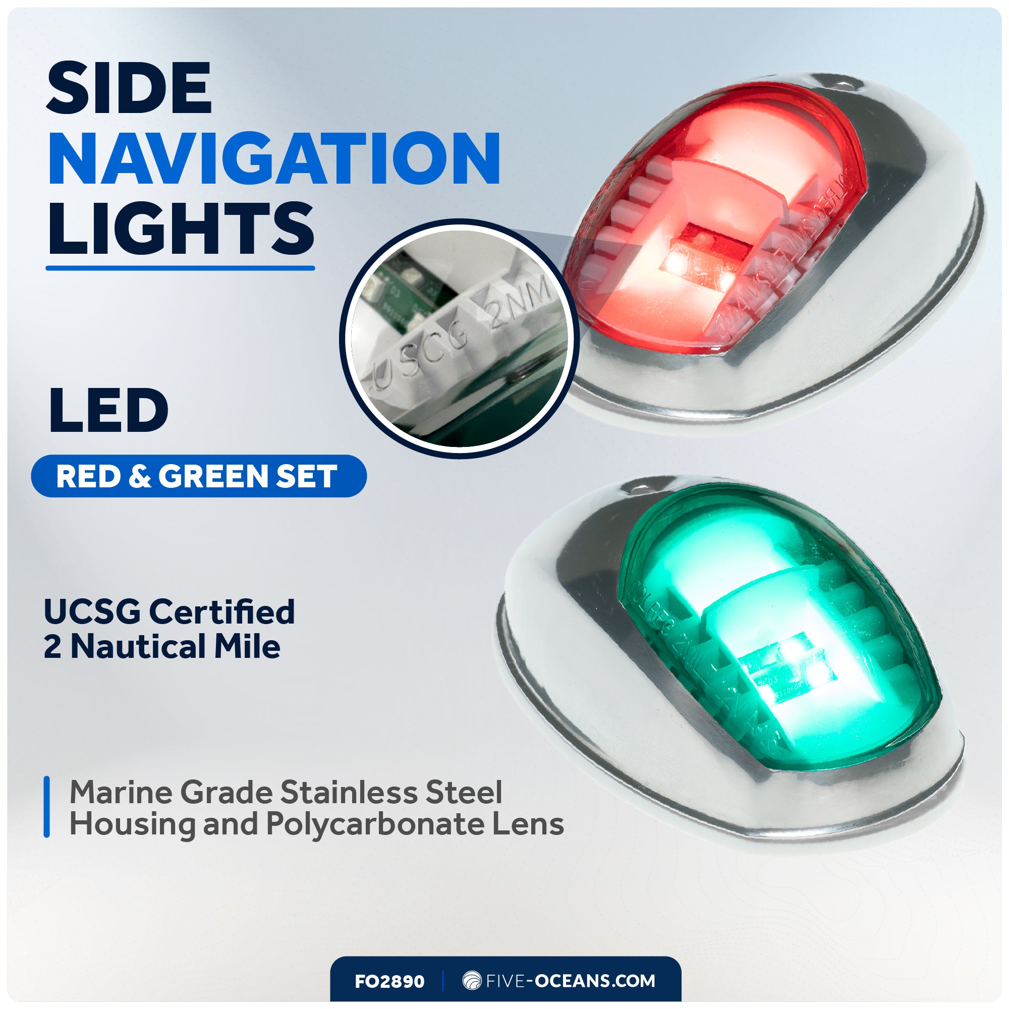 LED Side Navigation Lights, Red & Green Set, Stainless Steel Housing - FO2890