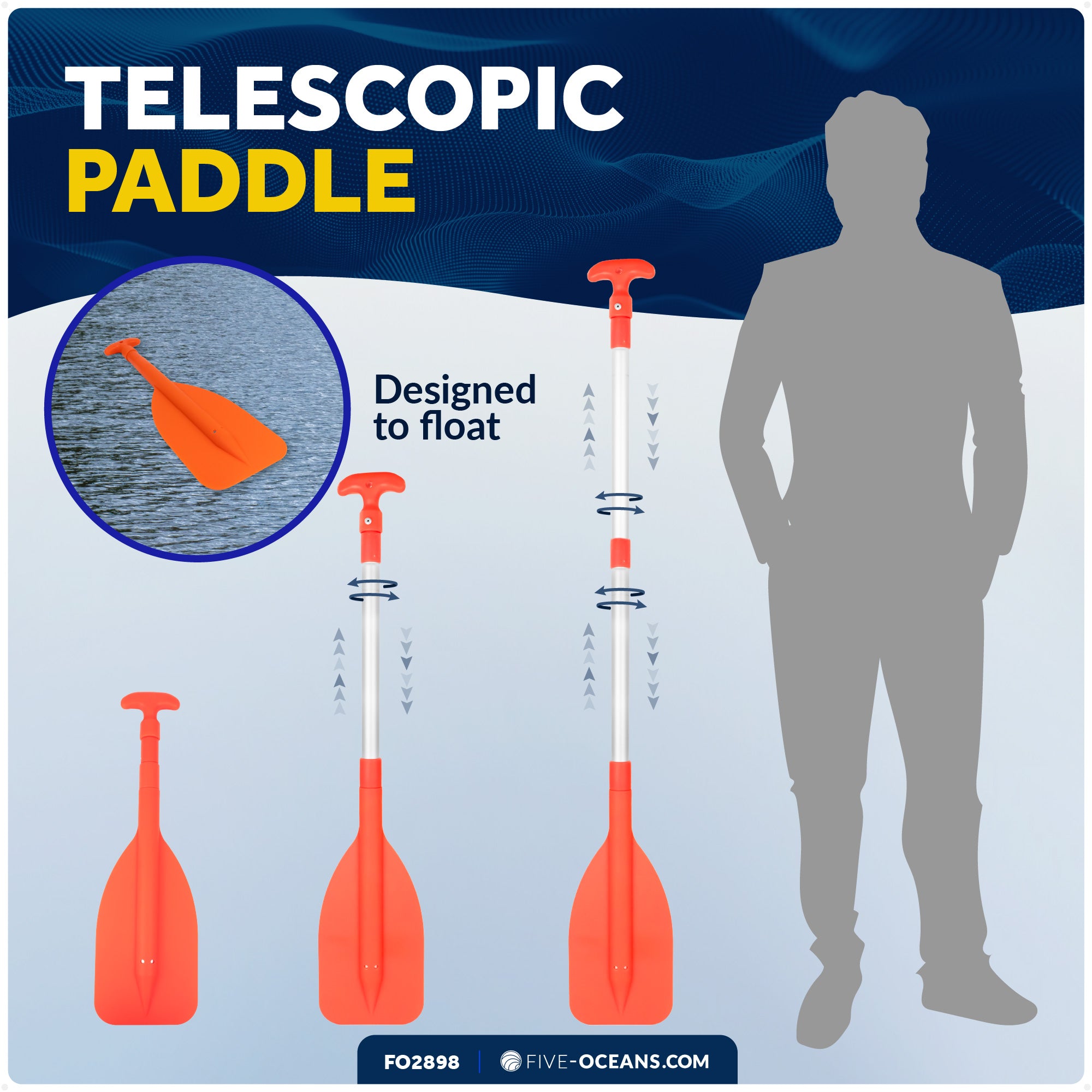 Emergency Floating Telescoping Paddle 21" to 42", T-Grip - Orange - FO2898