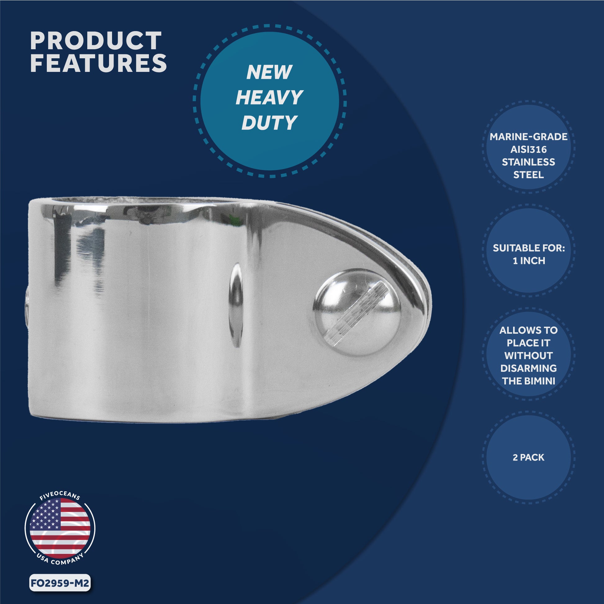 Bimini Top Hardware 1" Jaw Slide, AISI316 Stainless Steel - 2-Pack - FO2959-M2 - Five Oceans