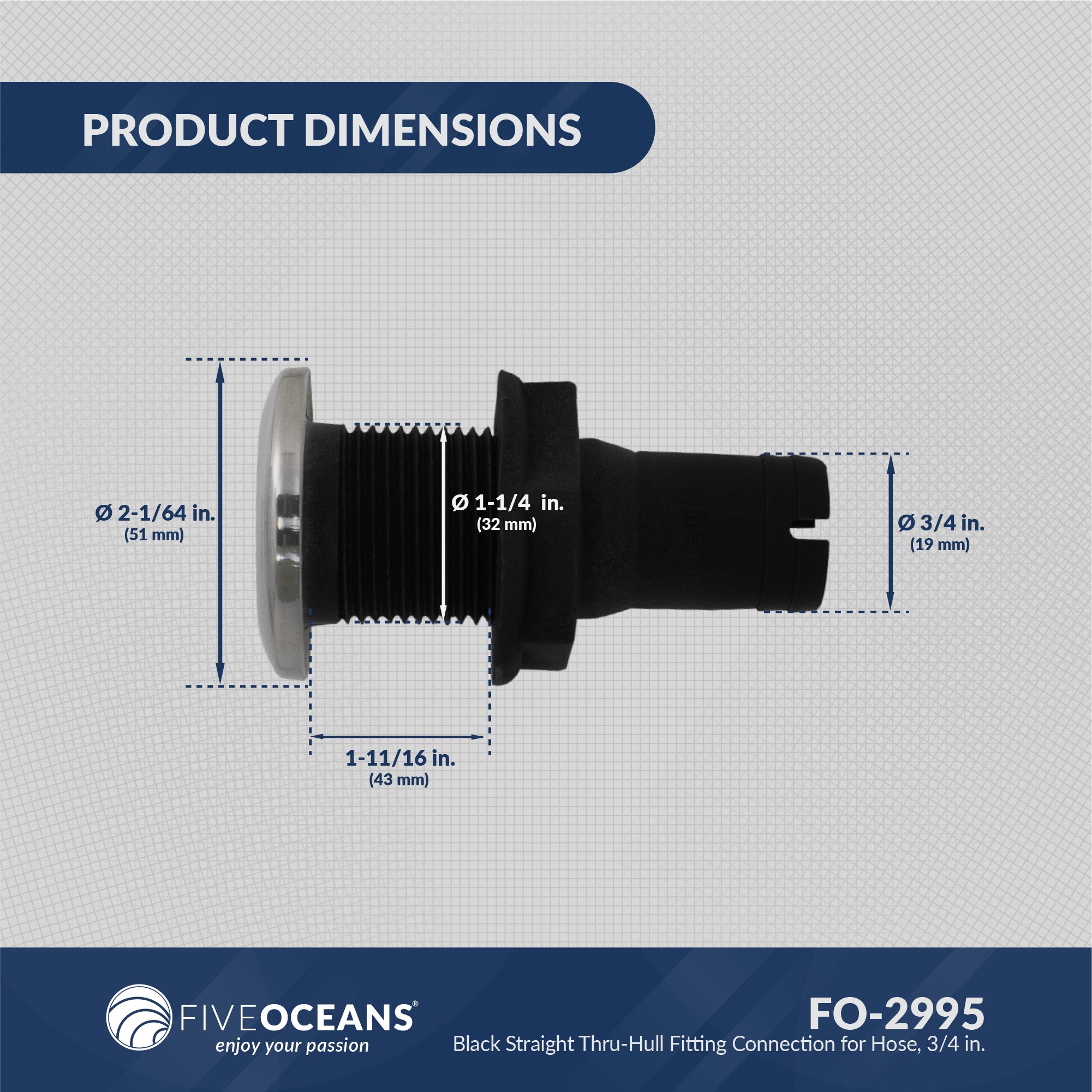 Thru Hull Fittings for Boats - 3/4" Hose, Black - 2-Pack - FO2995-M2 - Five Oceans