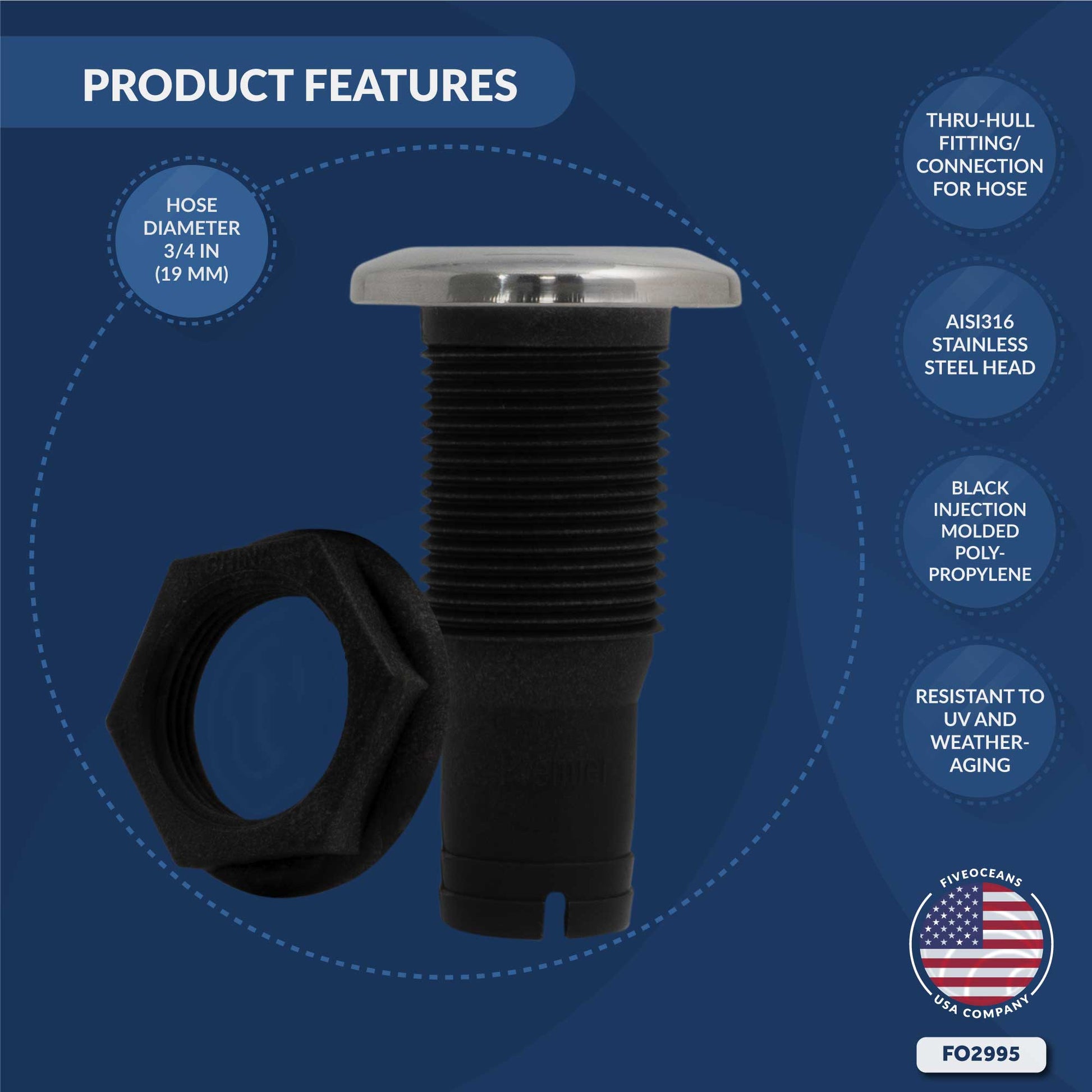 Thru Hull Fittings for Boats - 3/4" Hose, Black - FO2995 - Five Oceans