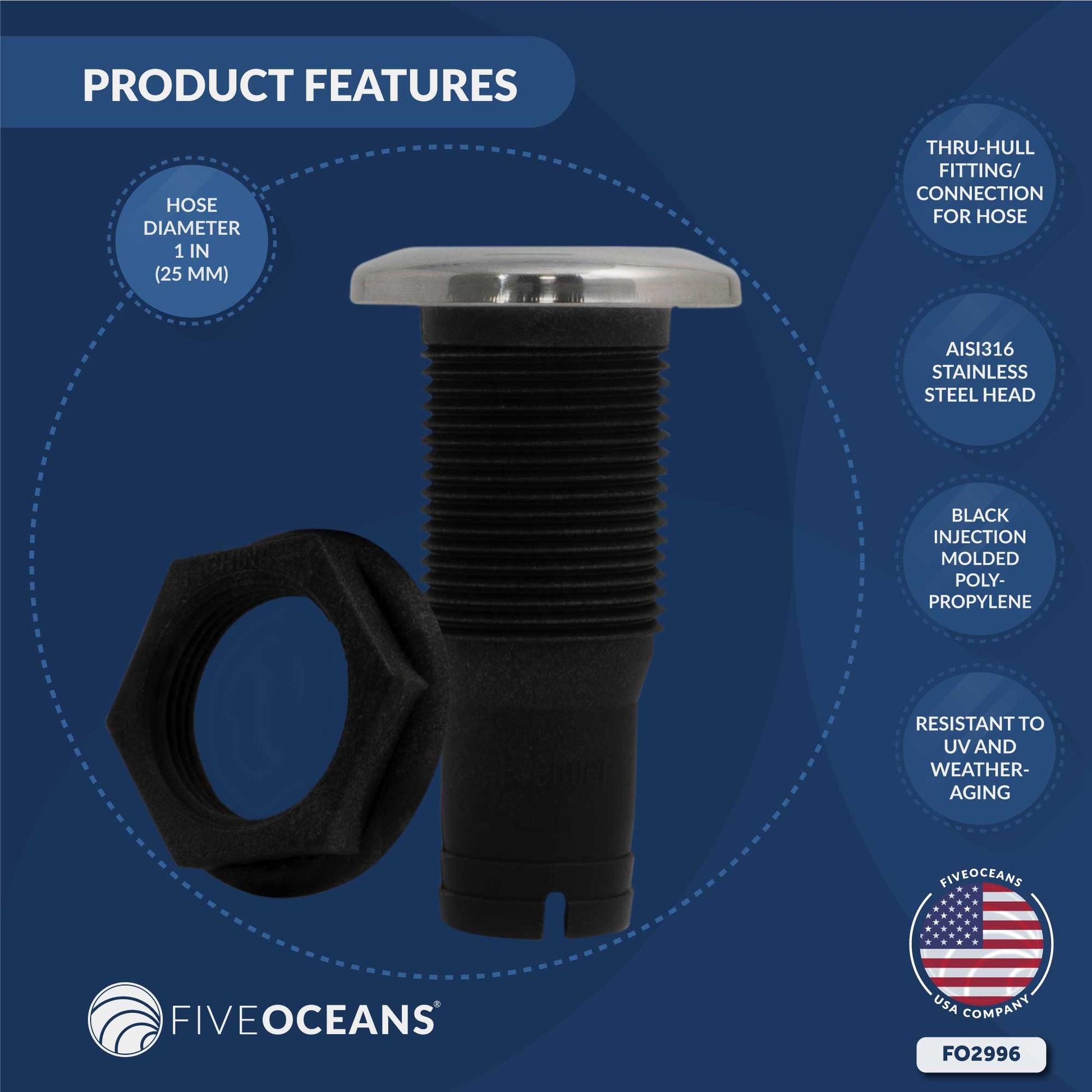 Thru Hull Fittings for Boats - 1" Hose, Black - FO2996 - Five Oceans