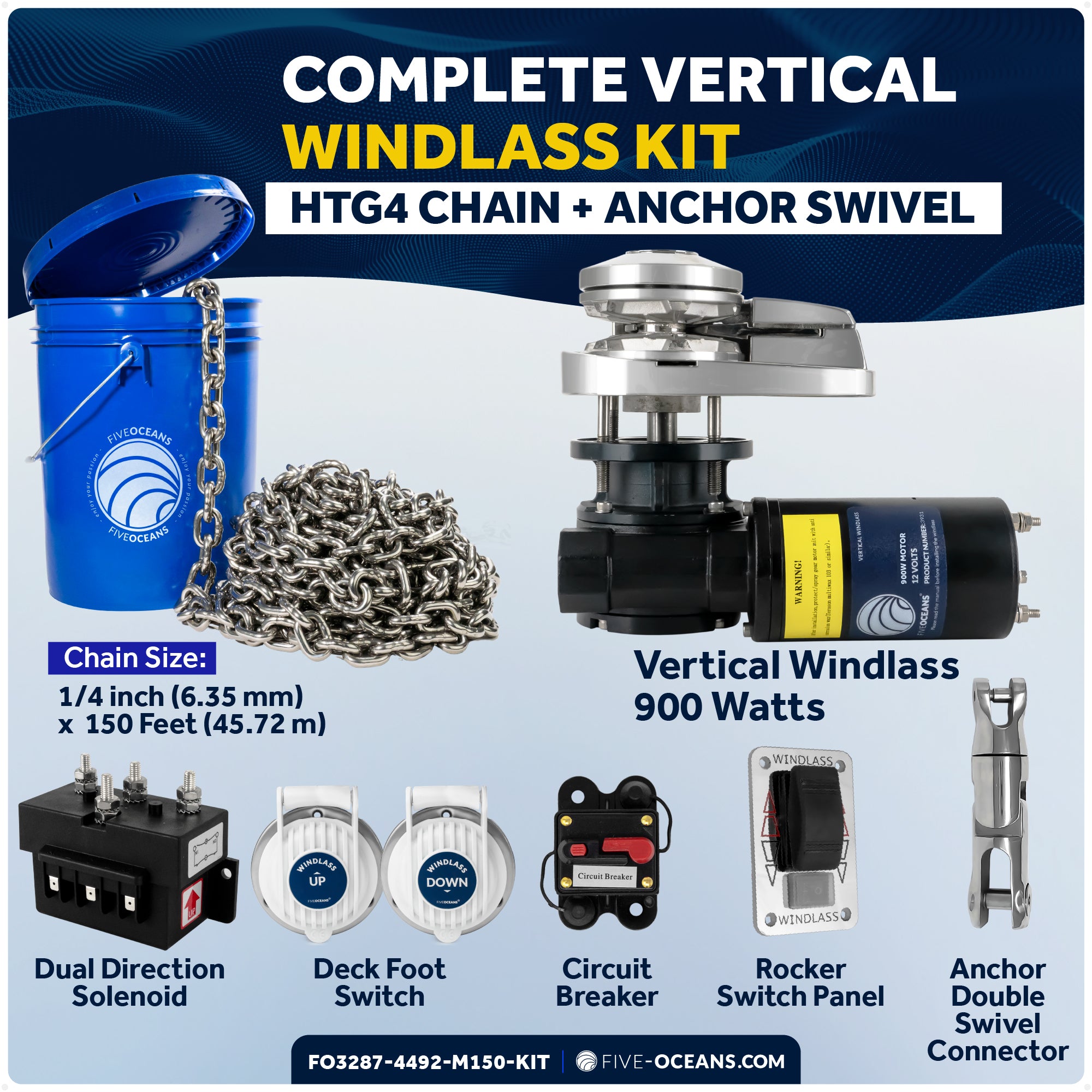 Premium Windlass Anchor Kit - 900W Vertical Windlass, 150 Ft HTG4 1/4" Stainless Steel Chain & Anchor Swivel - FO3287-4492-M150-KIT