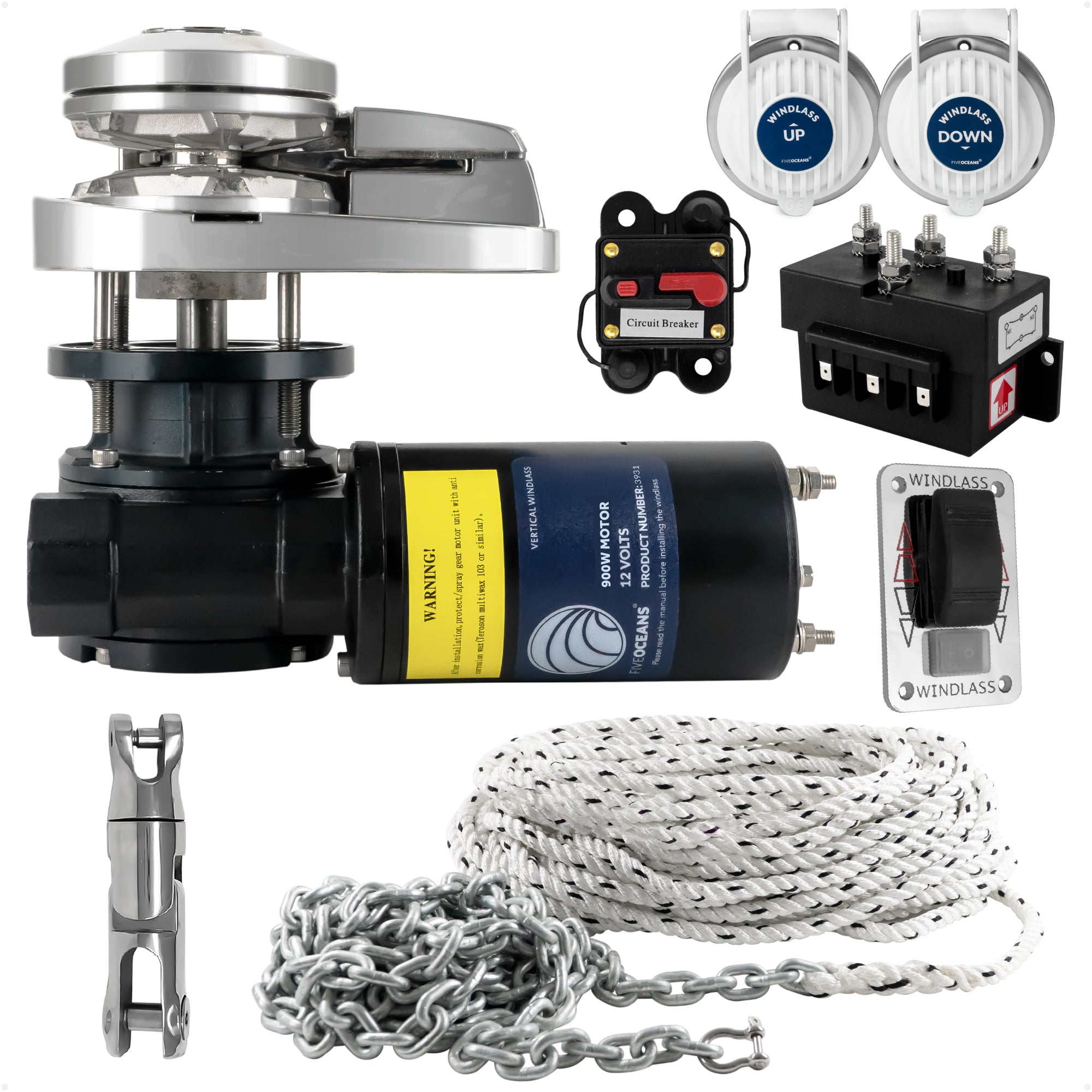Pacific Windlass Kit, Vertical 900 Watts, 12V DC, 3-Strand Rope, Galvanized Steel HT G4 Chain, Swivel and Shackle - FO3287-C1
