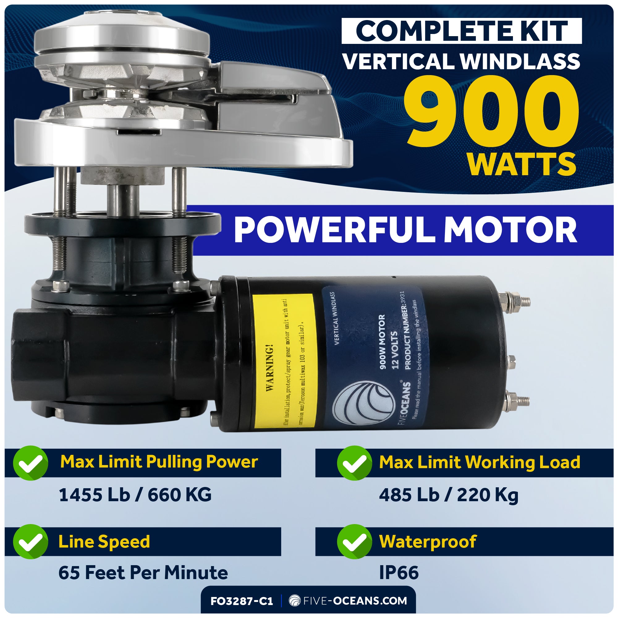 Pacific Windlass Kit, Vertical 900 Watts, 12V DC, 3-Strand Rope, Galvanized Steel HT G4 Chain, Swivel and Shackle - FO3287-C1