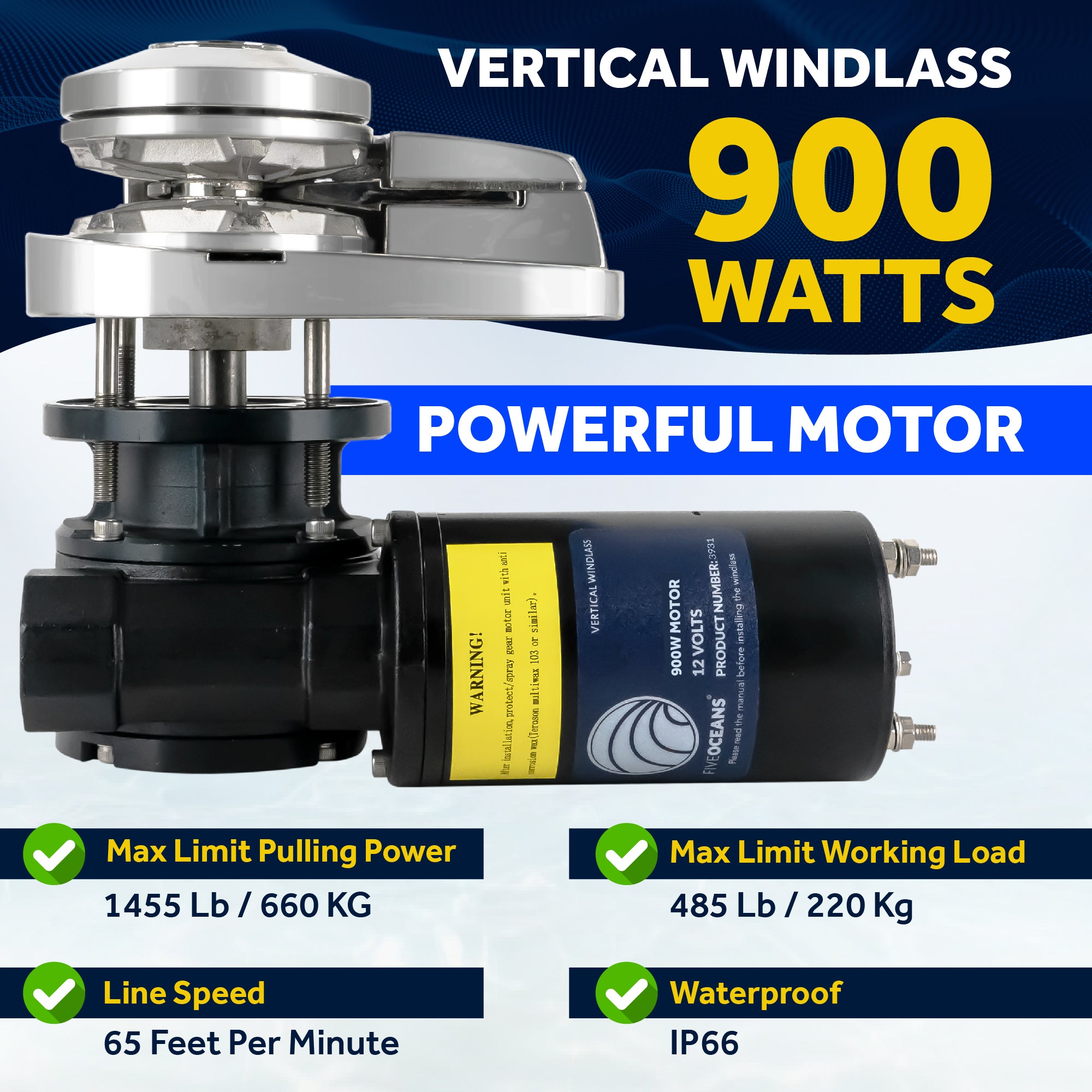 Pacific Windlass Kit, 1/4" HTG4 Chain - 1/2" Rope, Vertical 900 Watts, 12V DC - FO3287 - Five Oceans