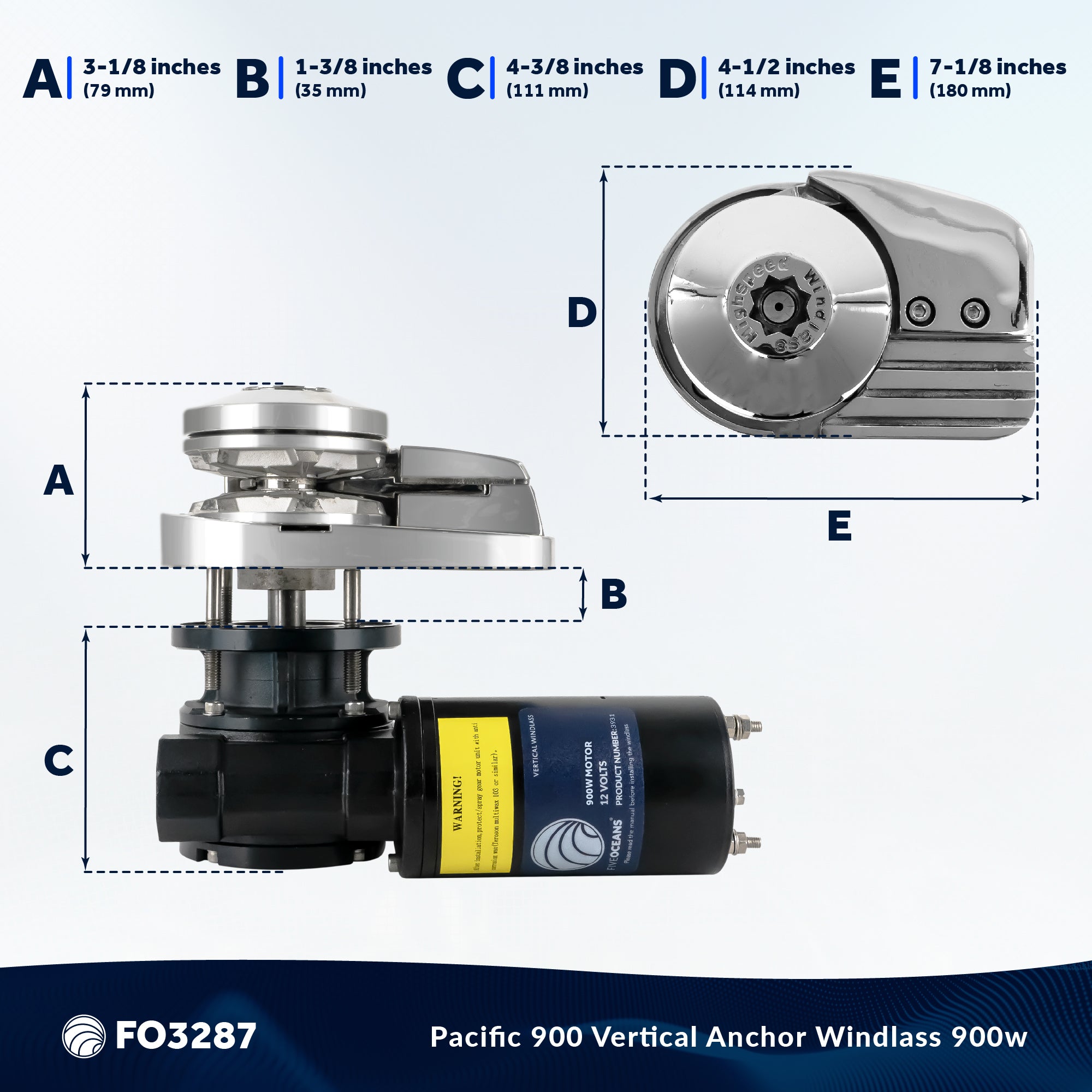 Pacific Windlass Kit, 1/4" HTG4 Chain - 1/2" Rope, Vertical 900 Watts, 12V DC - FO3287 - Five Oceans