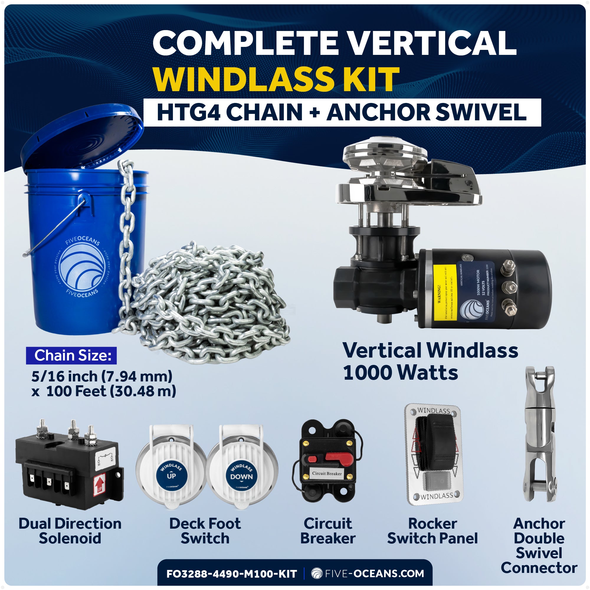 Premium Windlass Anchor Kit - 1000W Vertical Windlass, 100 Ft HTG4 5/16" Galvanized Chain & Anchor Swivel - FO3288-4490-M100-KIT