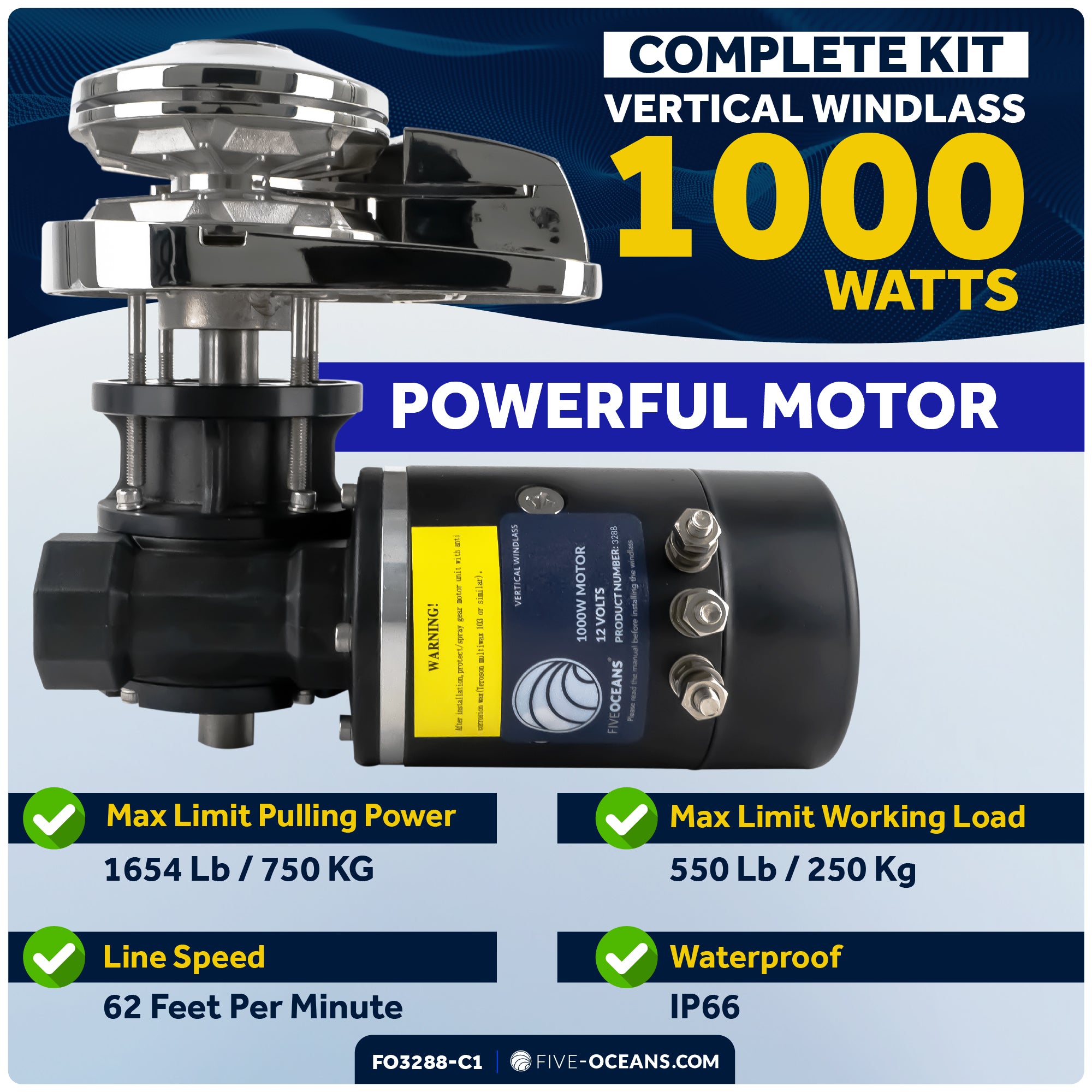 Pacific Windlass Kit, Vertical 1000 Watts, 12V DC, 9/16" x 200' 3-Strand Rope, 5/16" x 20' Galvanized Steel HT G4 Chain, Swivel and Shackle - FO3288-C1