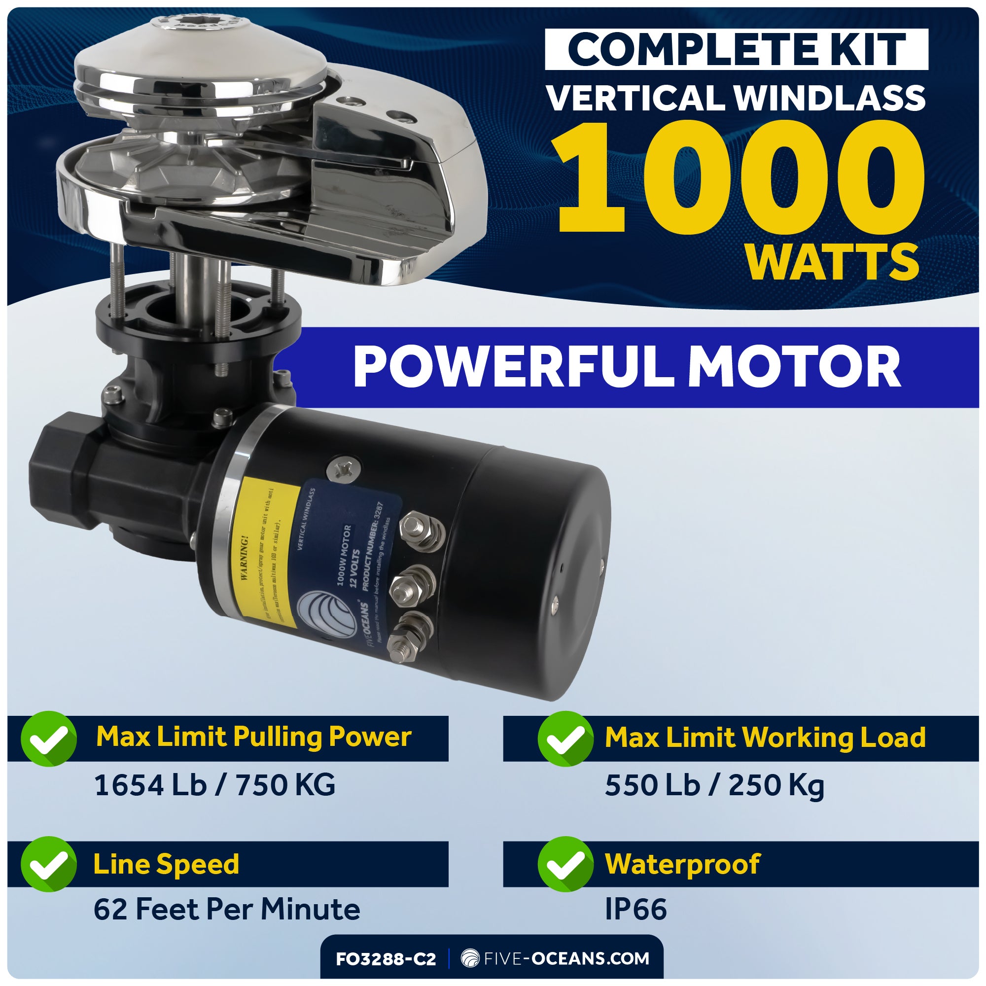 Pacific Windlass Kit, Vertical 1000 Watts, 12V DC, 9/16" x 200' 3-Strand Rope, 5/16" x 20' Stainless Steel HT G4 Chain, Swivel and Shackle - FO3288-C2